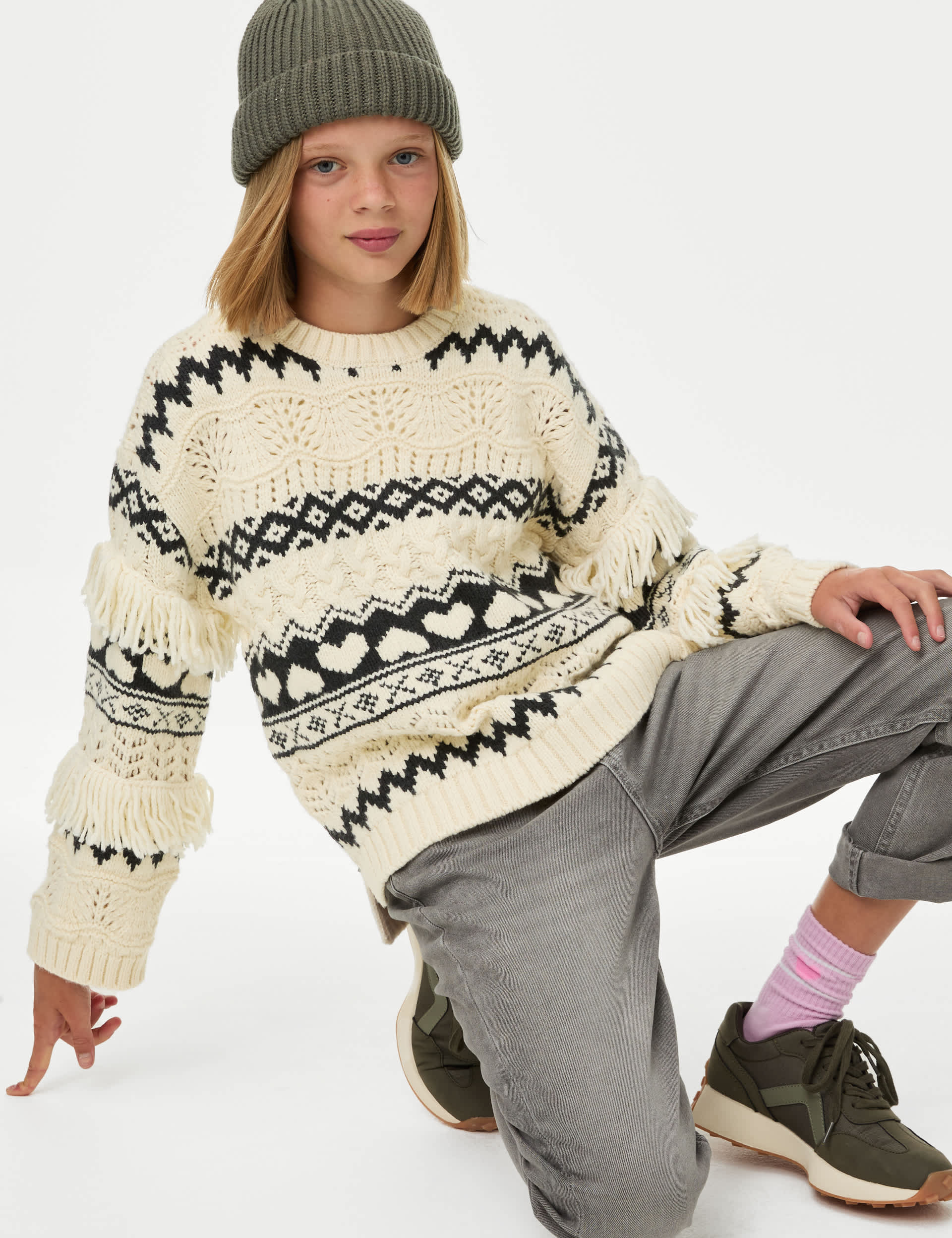 M&S Girls Heart Fair Isle Jumper (6-16 Yrs) - 9-10Y - Ecru Mix, Ecru Mix