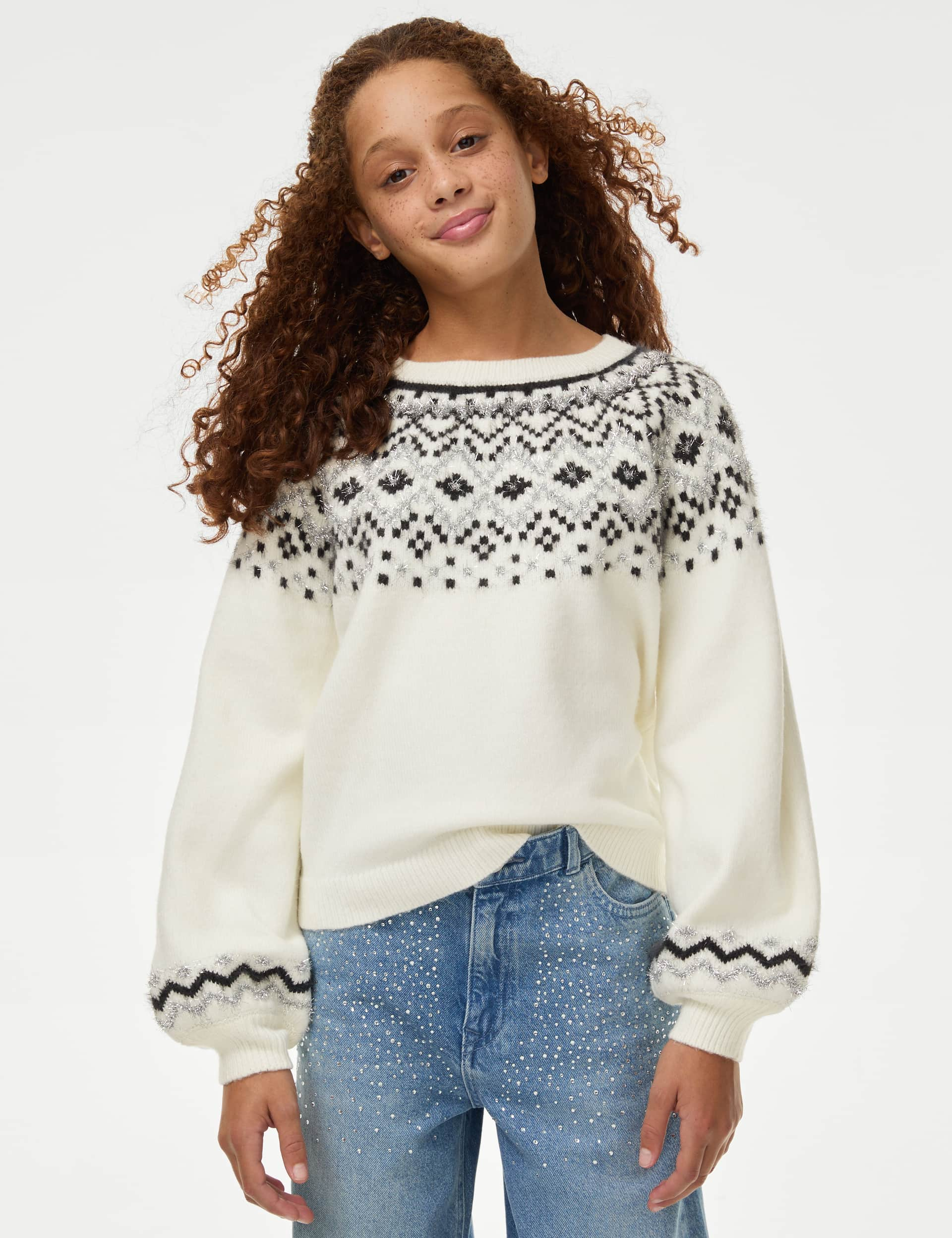 M&S Girls Fair Isle Jumper (6-16 Yrs) - 13-14 - Ecru, Ecru