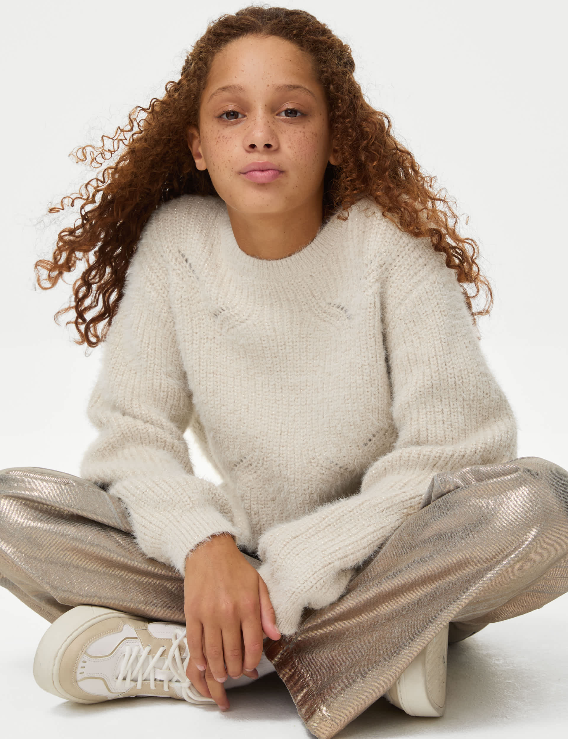 M&S Girls Fluffy Lurex Knitted Jumper (6-16 Yrs) - 11-12 - Neutral, Neutral