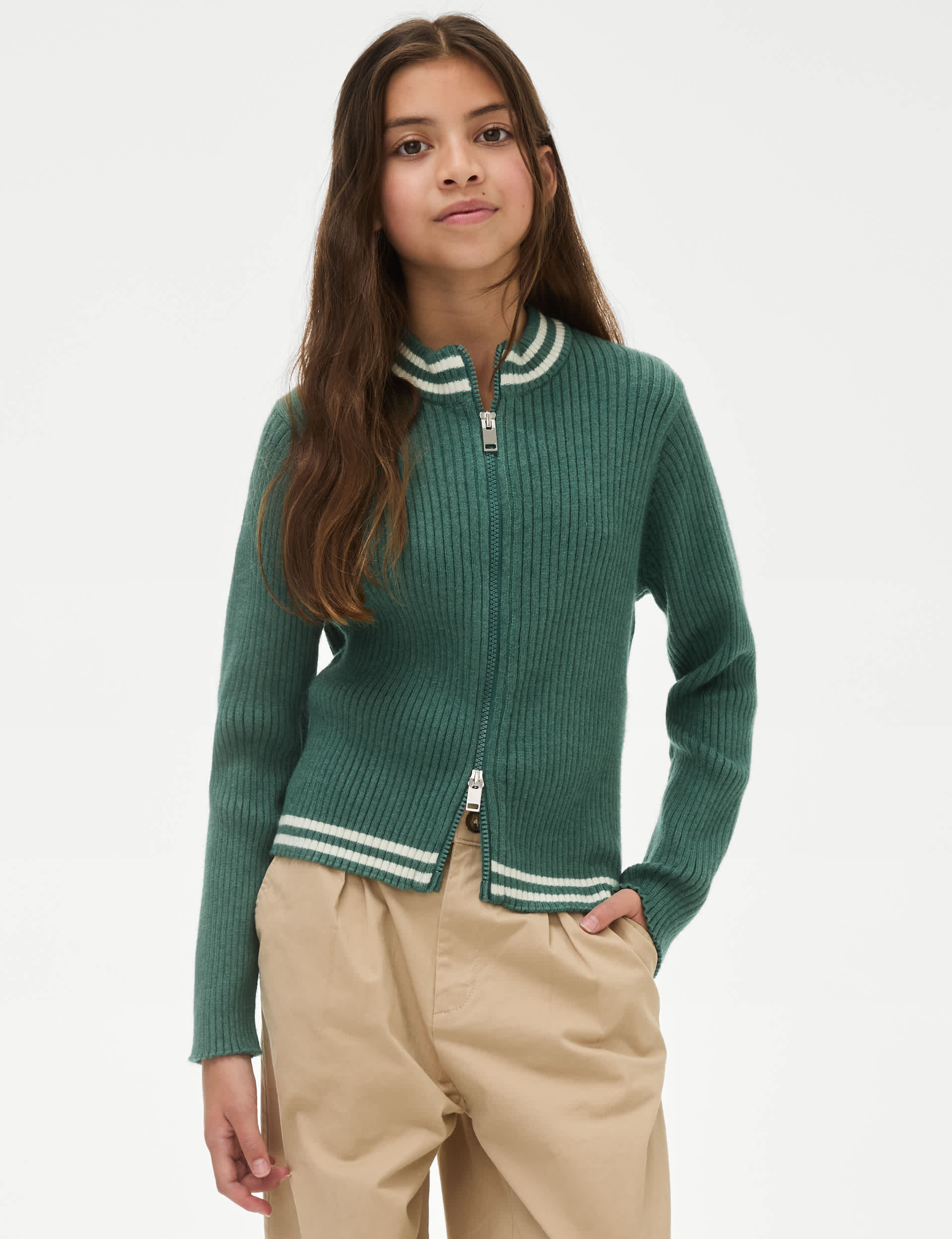 M&S Girls Knitted Zip Through Cardigan (6-16 Yrs) - 12-13 - Green, Green,Charcoal