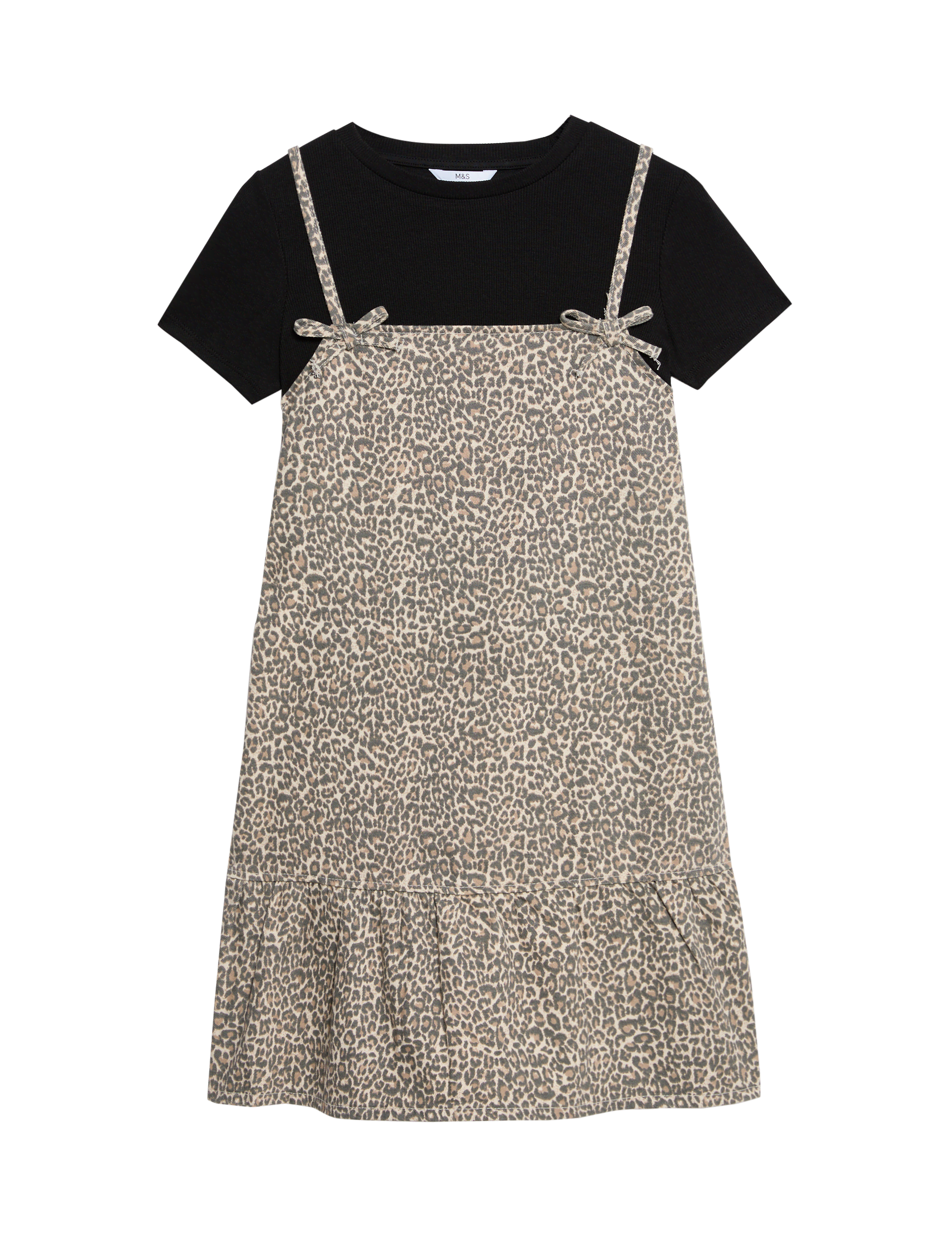 M&S Collection Girls 2pc Leopard Print Denim Dress Outfit (2-16 Yrs) - 5-6 Y - Neutral, Neutral