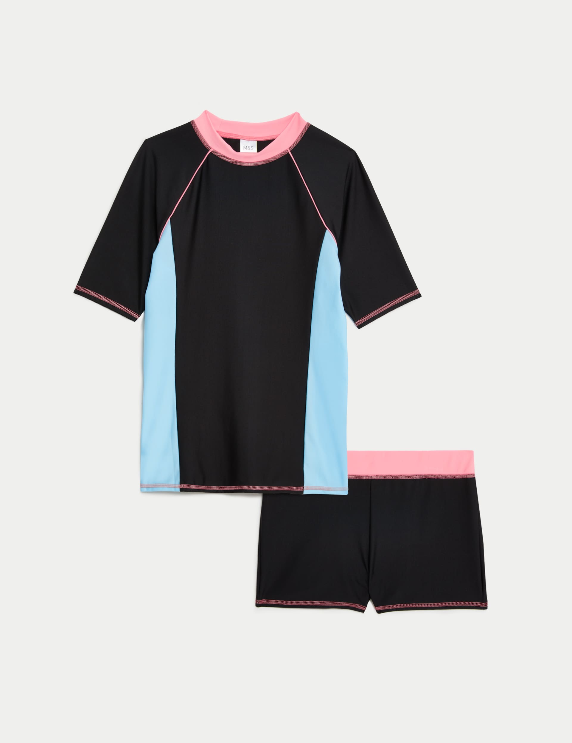 M&S Girls 2pc Colour Block Rash Vest Set (6-16 Yrs) - 6-7 Y - Black Mix, Black Mix