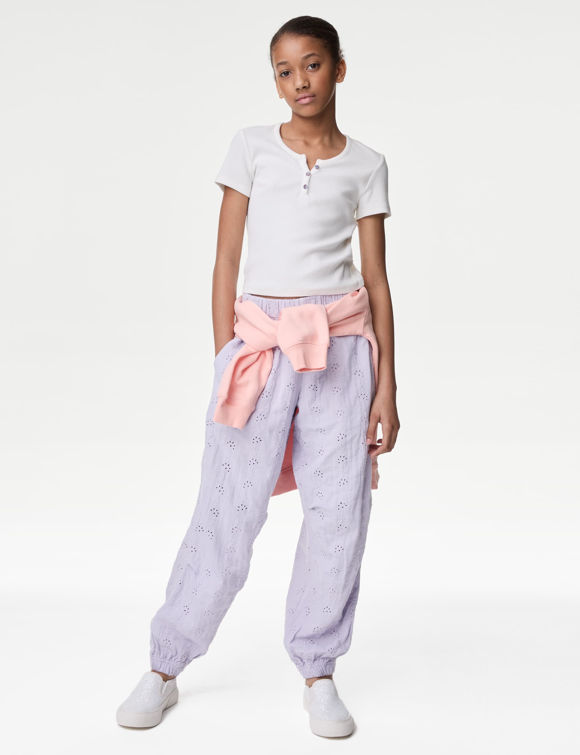 M&S Girls Pure Cotton Broderie Parachute Trousers (6-16 Yrs) - 14-15 - Lilac, Lilac