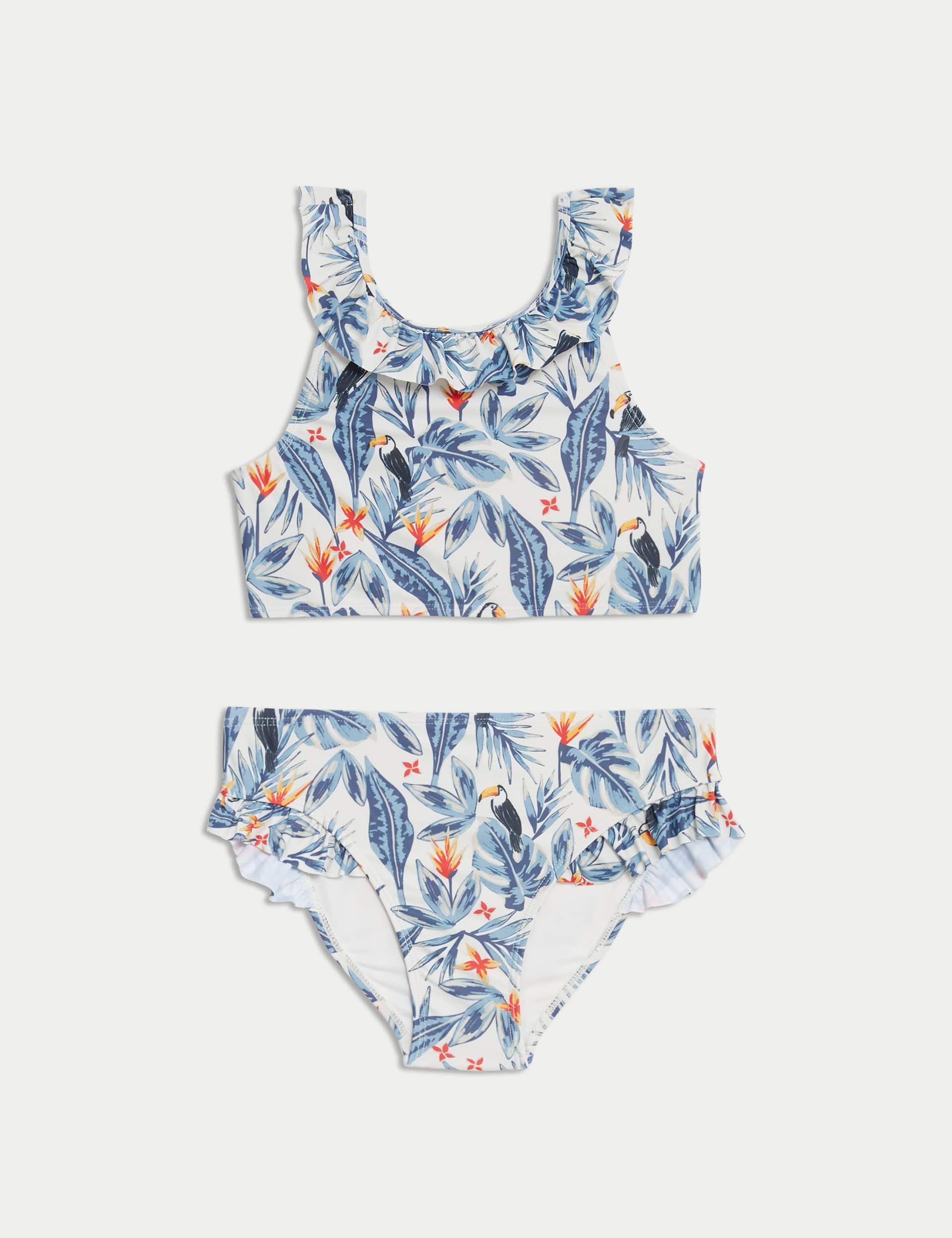 M&S Girls Printed Frill Detail Mini Me Bikini (6-16 Yrs) - 7-8 Y - Blue Mix, Blue Mix