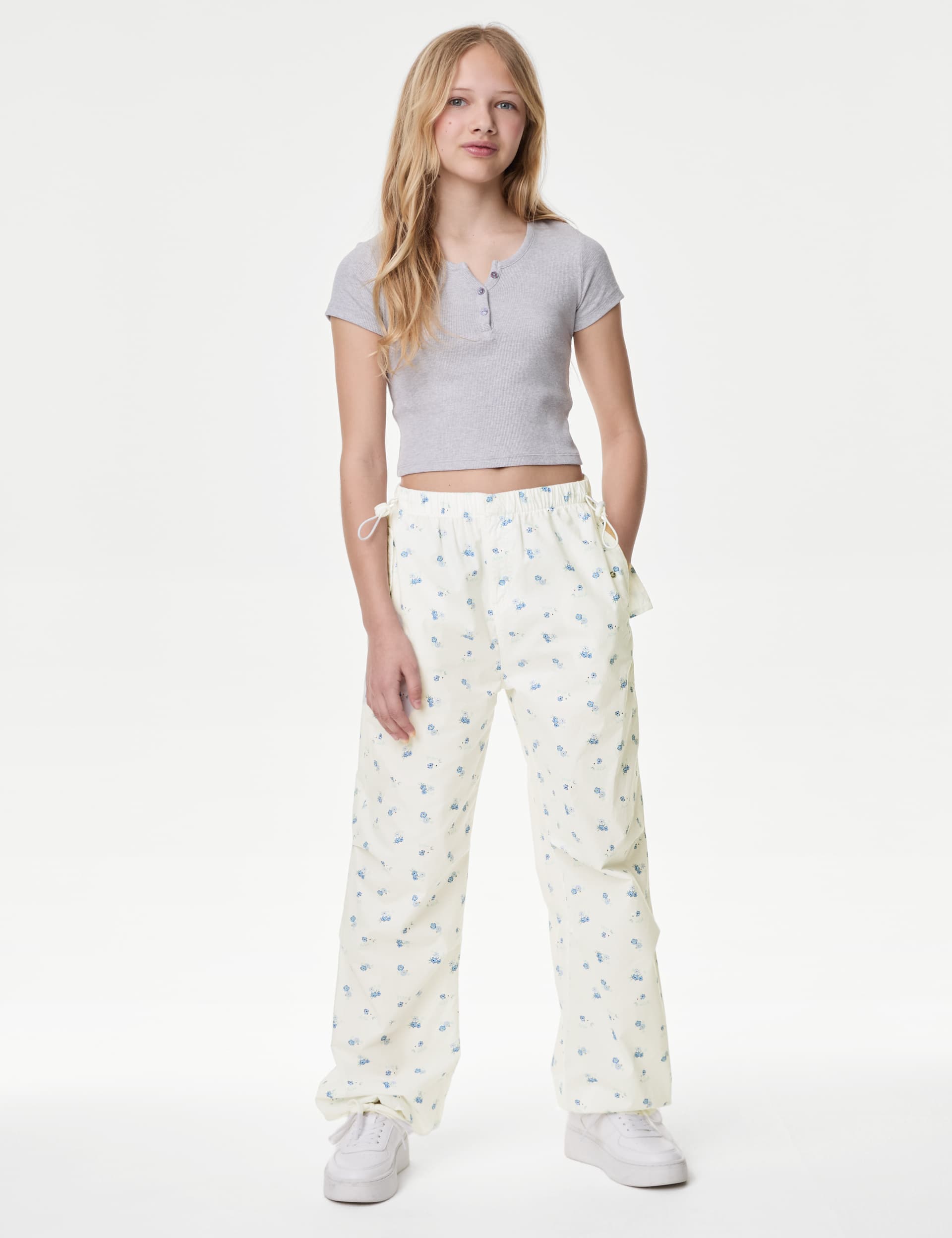 M&S Girls Pure Cotton Ditsy Floral Parachute Trousers (6-16 Yrs) - 12-13 - Ivory Mix, Ivory Mix