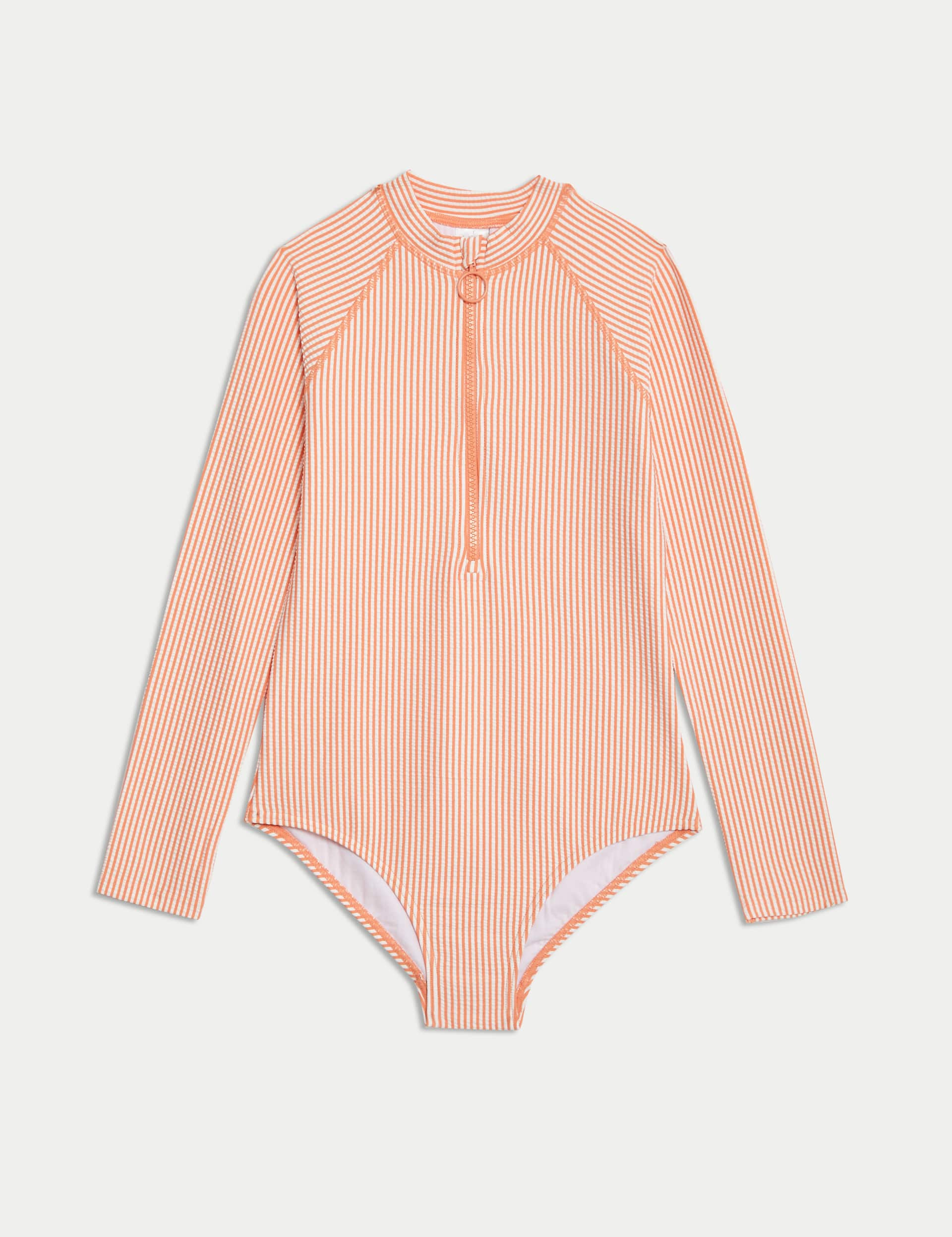 M&S Girls Striped Long Sleeve Swimsuit (6-16 Yrs) - 11-12 - Coral, Coral