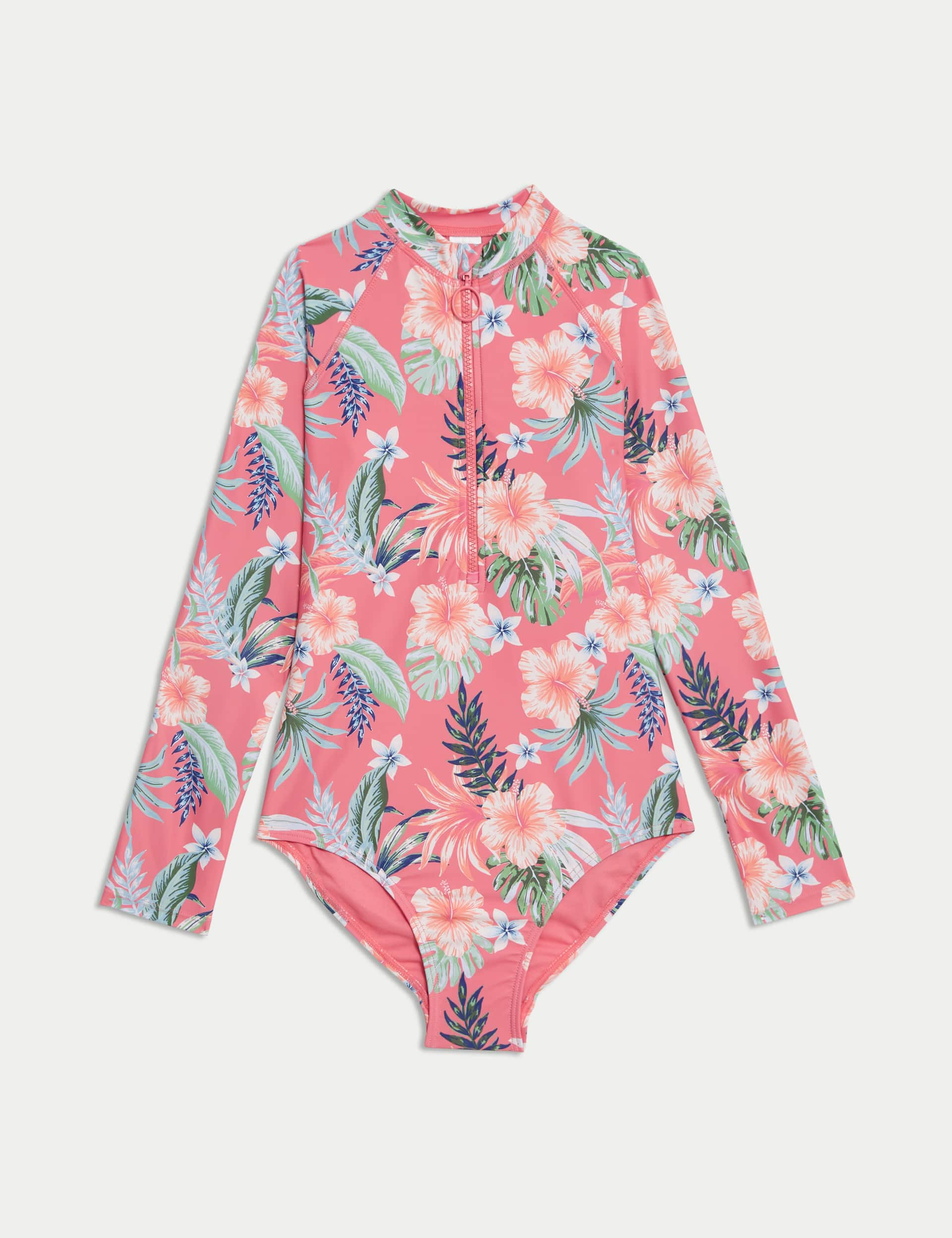 M&S Girls Tropical Print Long Sleeve Swimsuit (6-16 Yrs) - 9-10Y - Coral, Coral