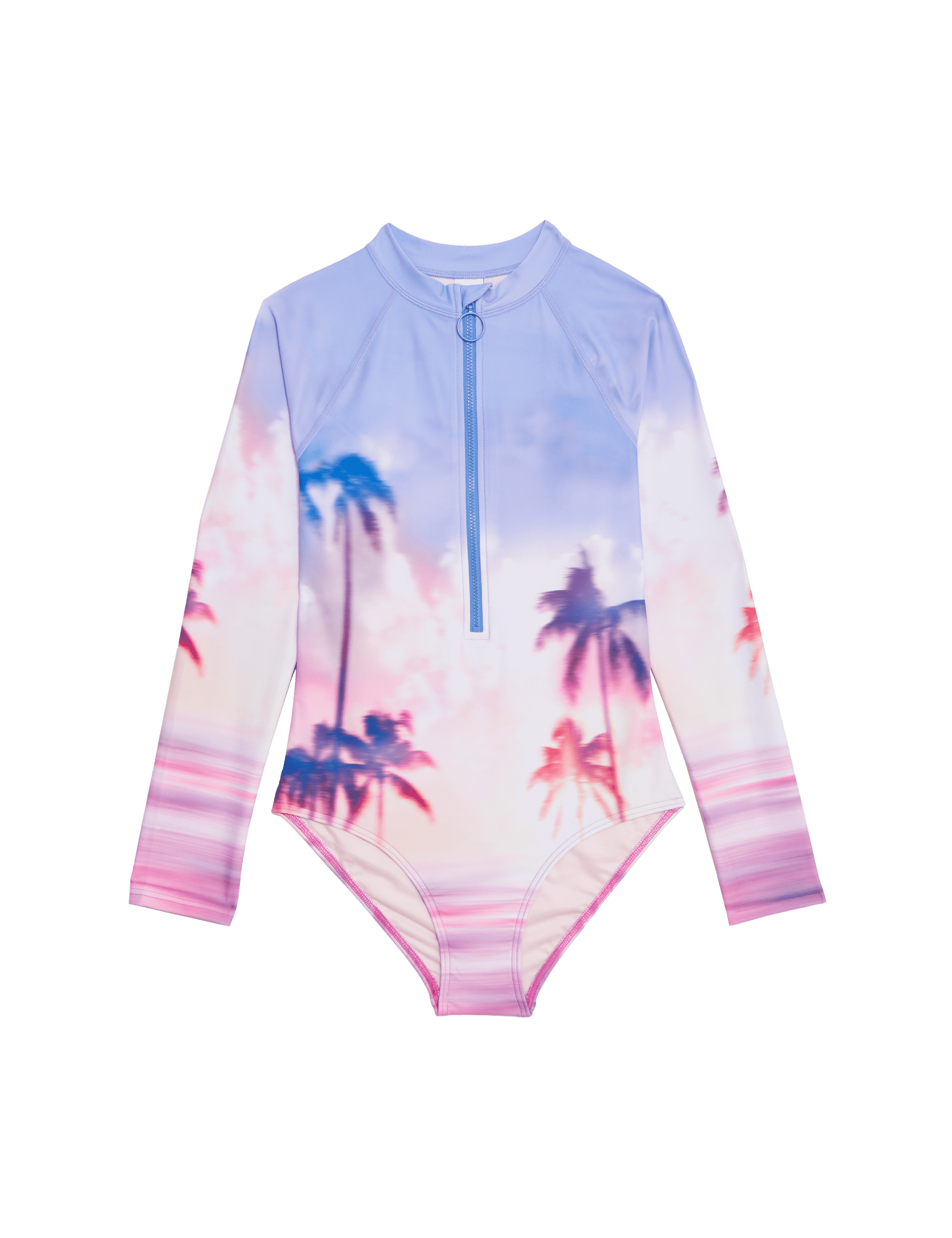 M&S Collection Girls Sunset Print Long Sleeve Swimsuit (6-16 Yrs) - 7-8 Y - Blue Mix, Blue Mix