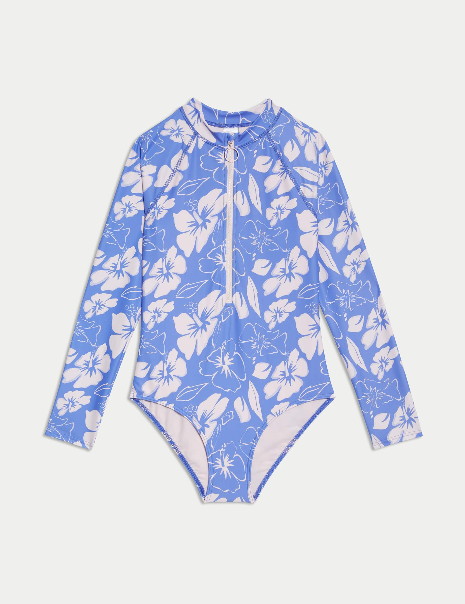 M&S Collection Girls Hibiscus Print Long Sleeve Swimsuit (6-16 Yrs) - 9-10Y - Multi, Multi