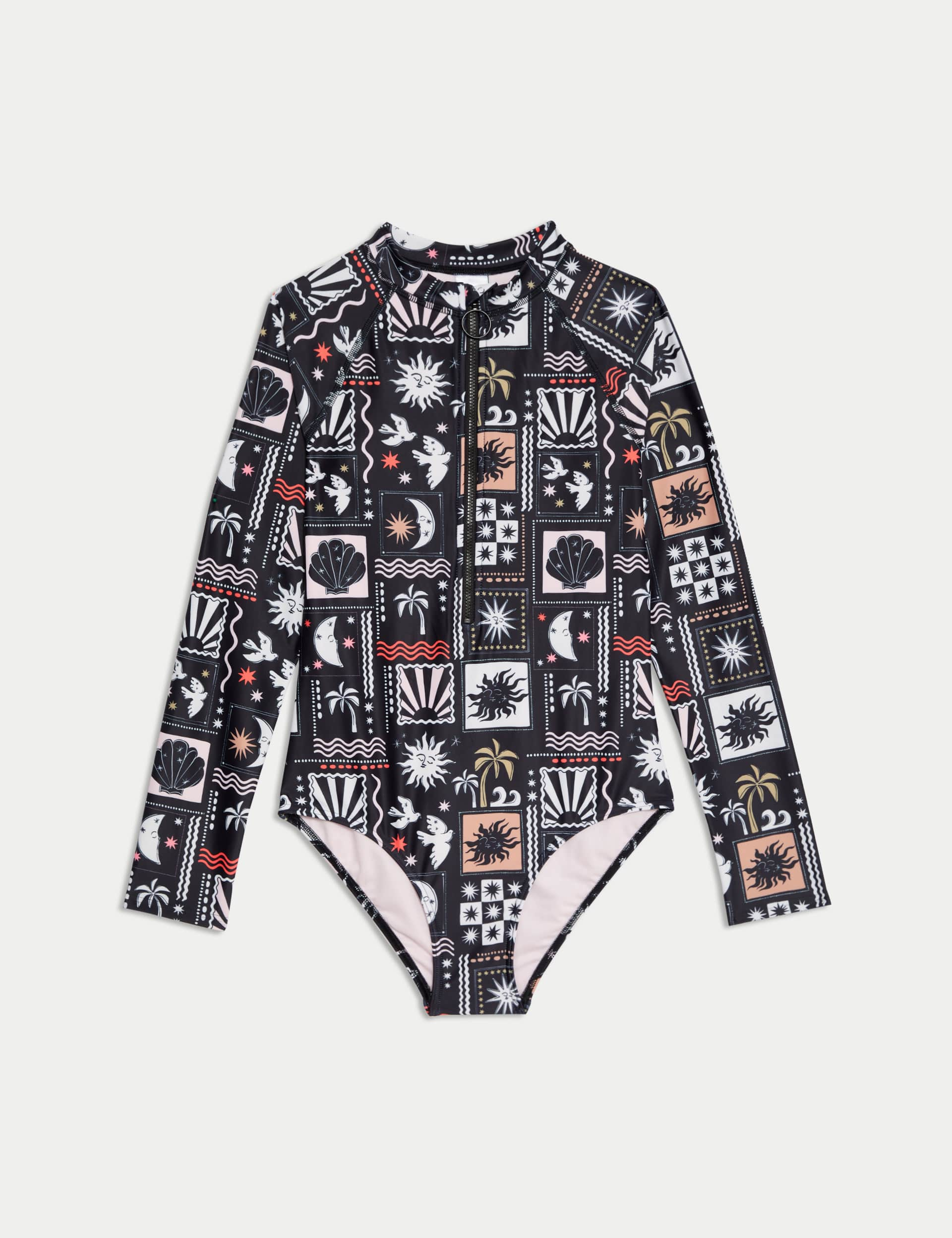 M&S Collection Girls Printed Long Sleeve Swimsuit (6-16 Yrs) - 8-9 Y - Black Mix, Black Mix