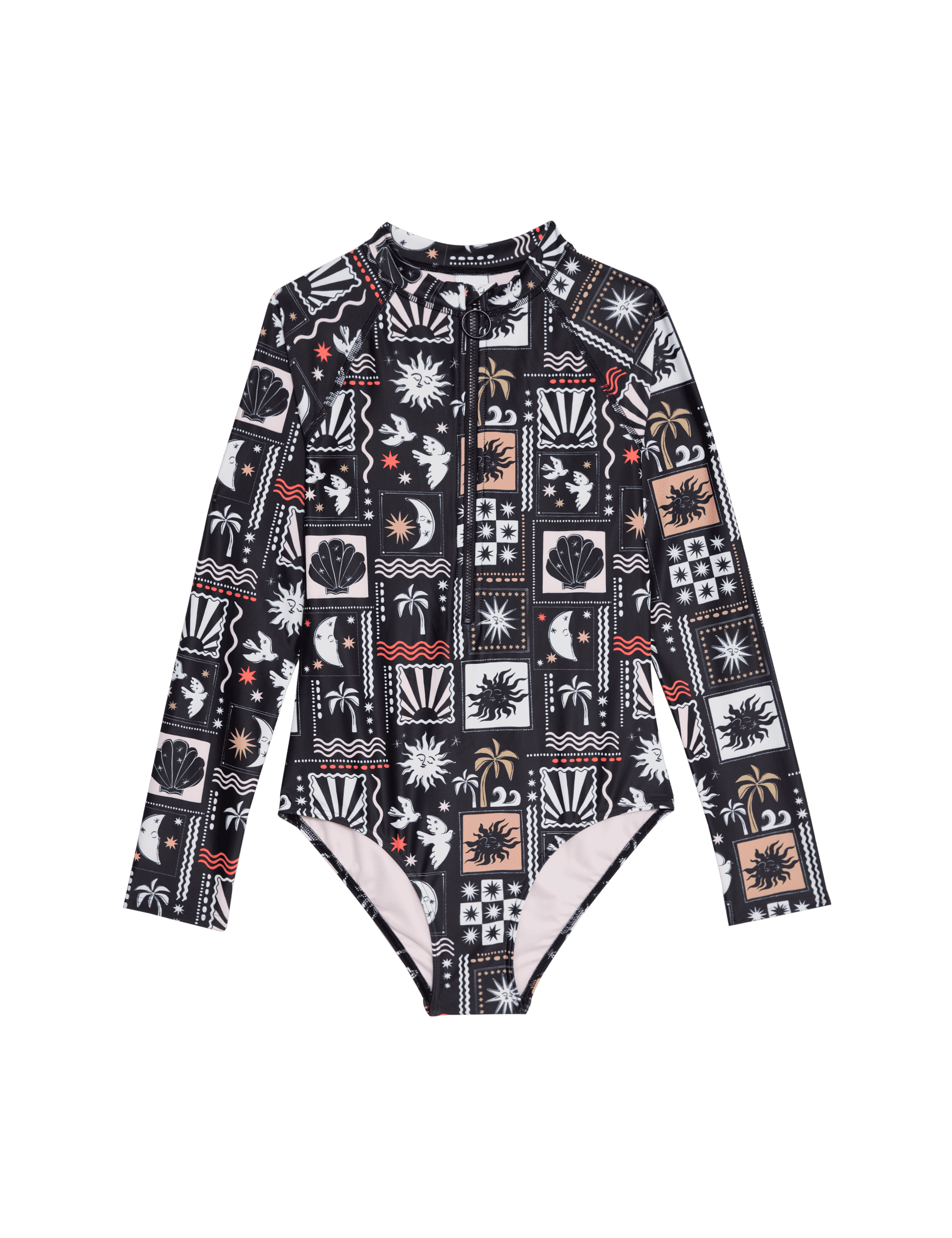 M&S Collection Girls Printed Long Sleeve Swimsuit (6-16 Yrs) - 8-9 Y - Black Mix, Black Mix