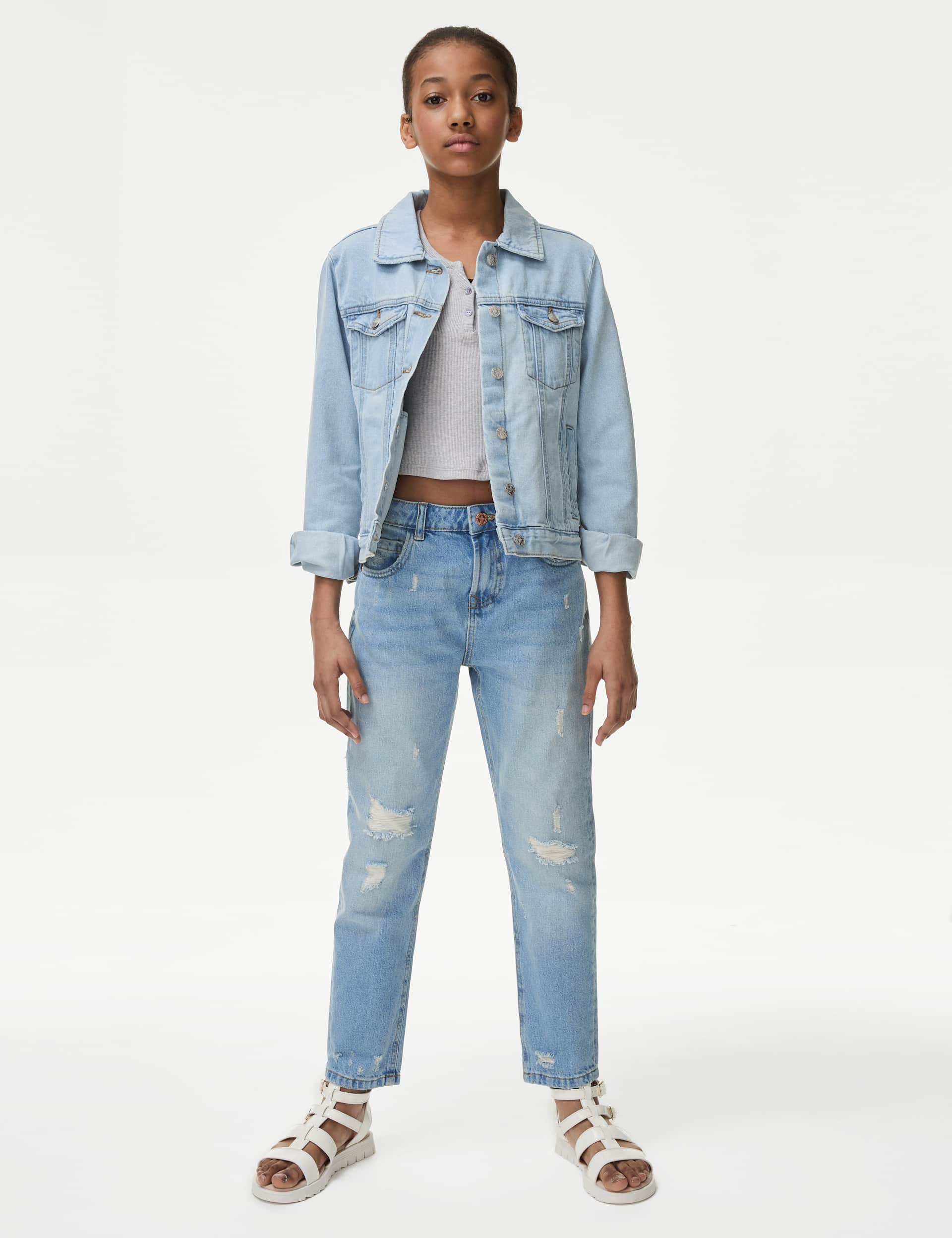 M&S Girls Mom Fit Light Denim Ripped Jeans (6-16 Yrs) - 10-11, Denim