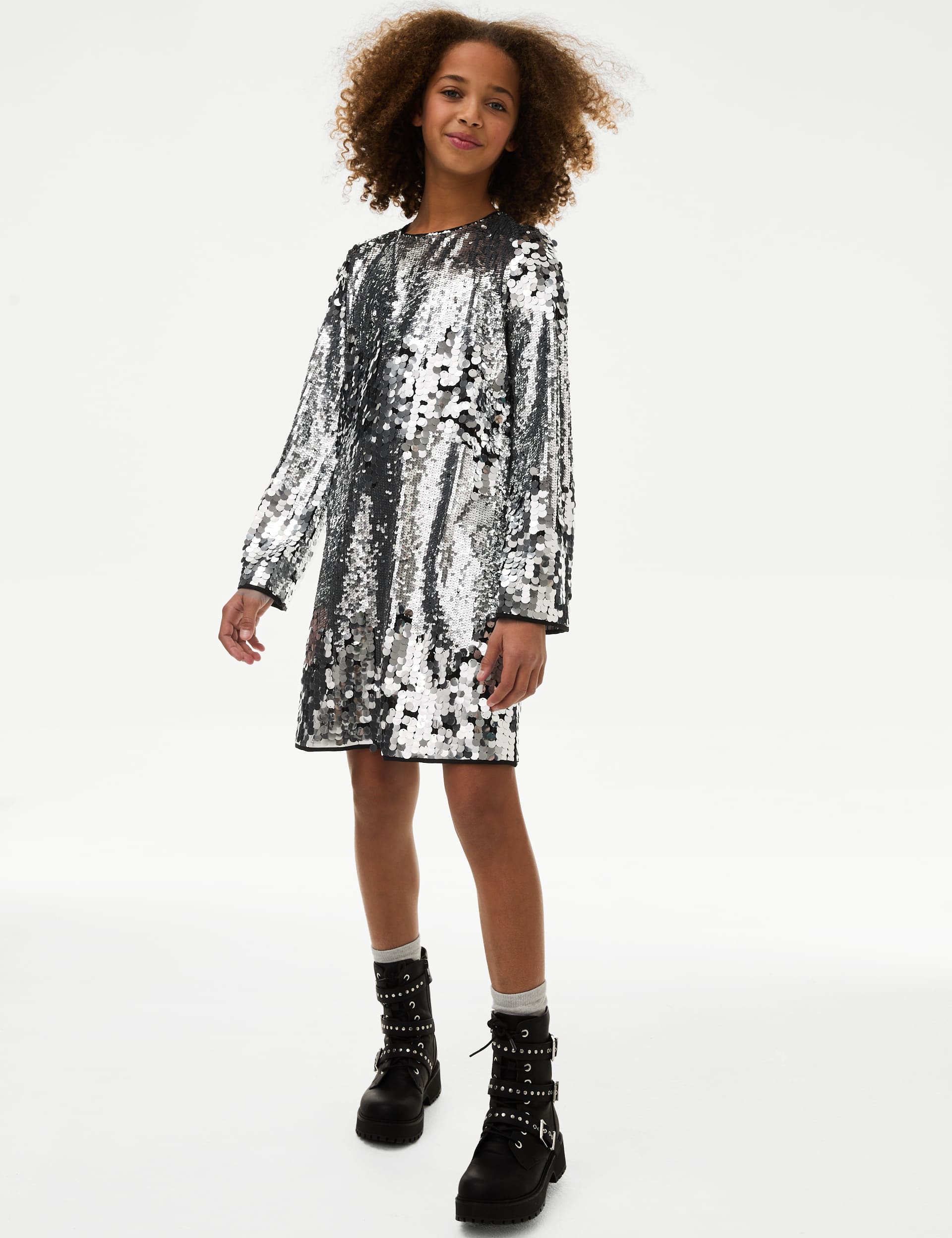 M&S Girls Sequin Dress (6-16 Yrs) - 9-10Y - Silver, Silver,Pink