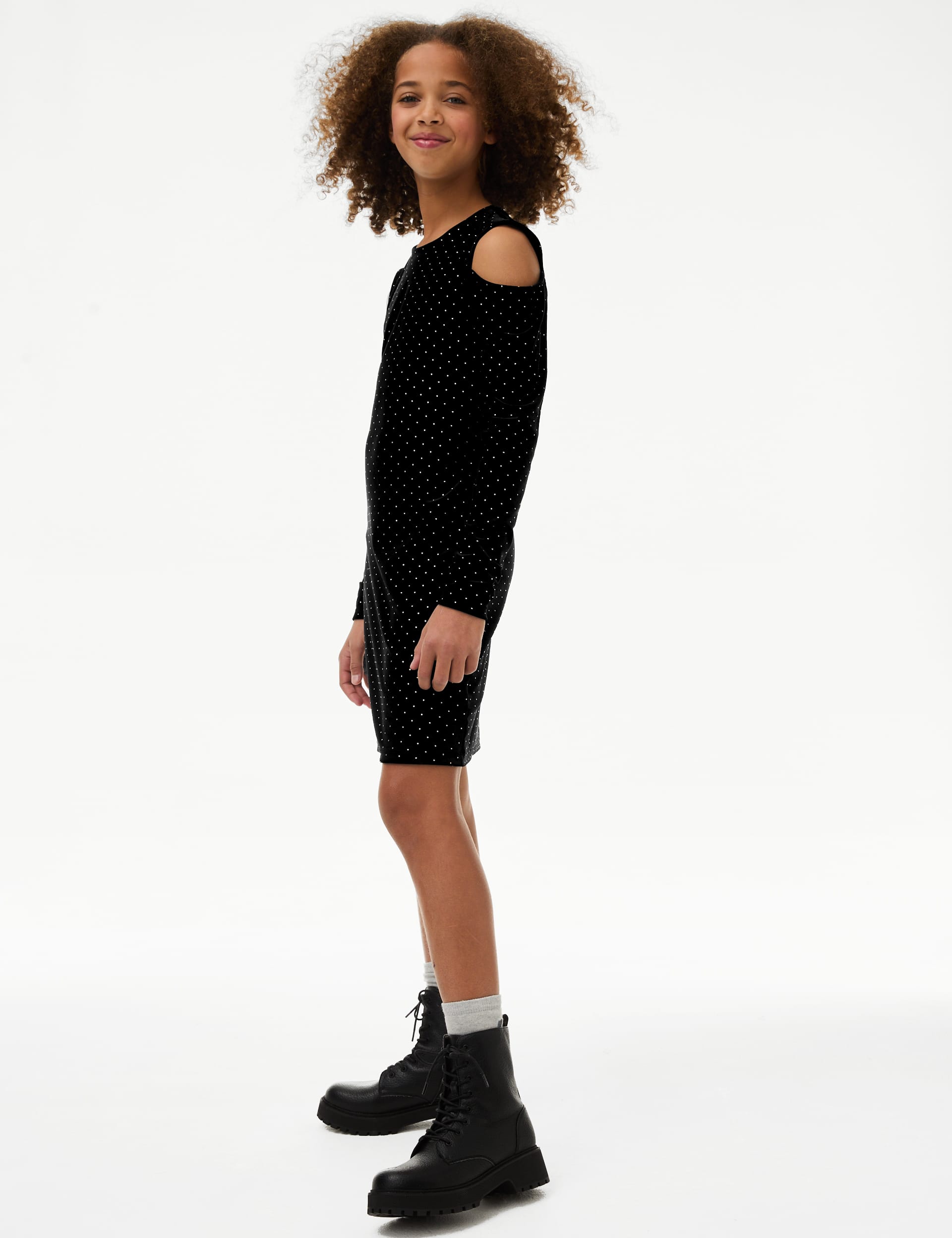 M&S Girls Velvet Studded Cold Shoulder Dress (6-16 Yrs) - 8-9 Y - Black, Black