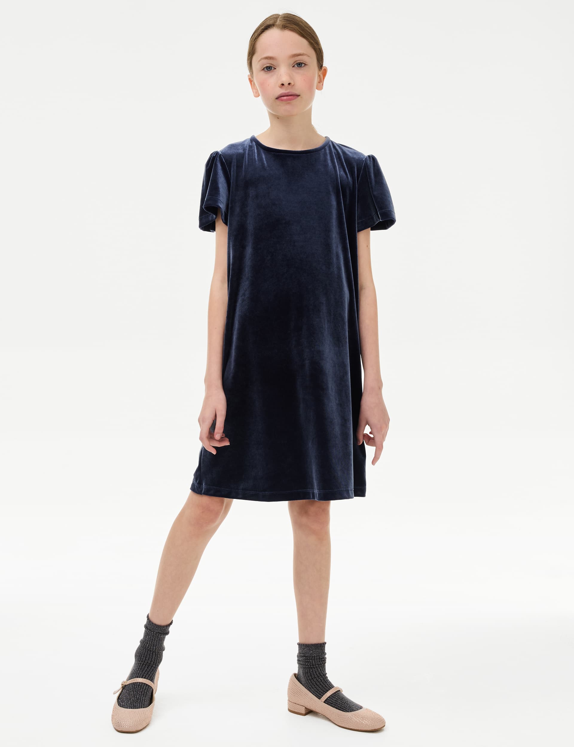 M&S Collection Girls Velvet Dress (6-16 Yrs) - 6-7 Y - Navy, Navy,Red