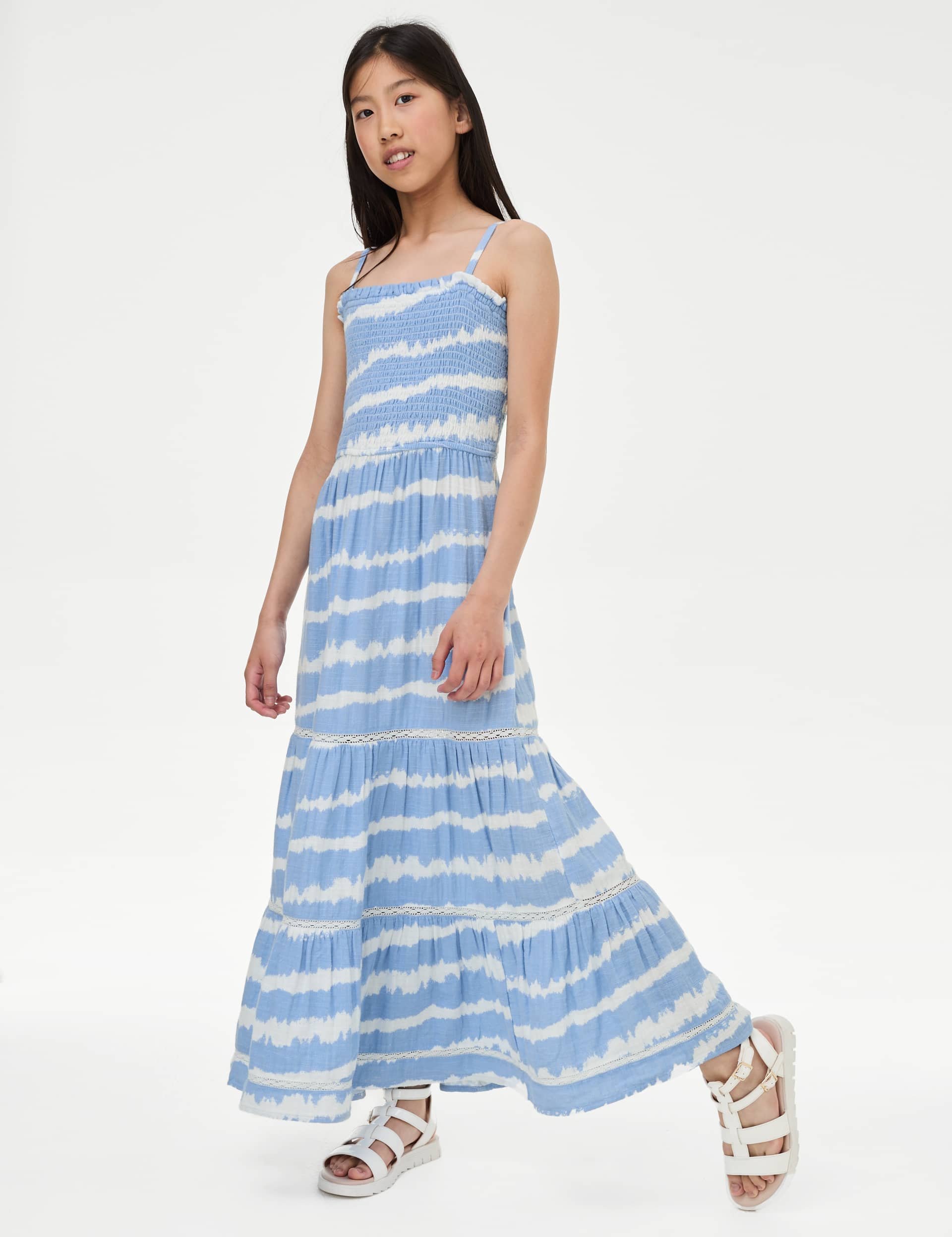 M&S Girls Pure Cotton Tie Dye Maxi Dress (6-16 Yrs) - 10-11 - Blue Mix, Blue Mix