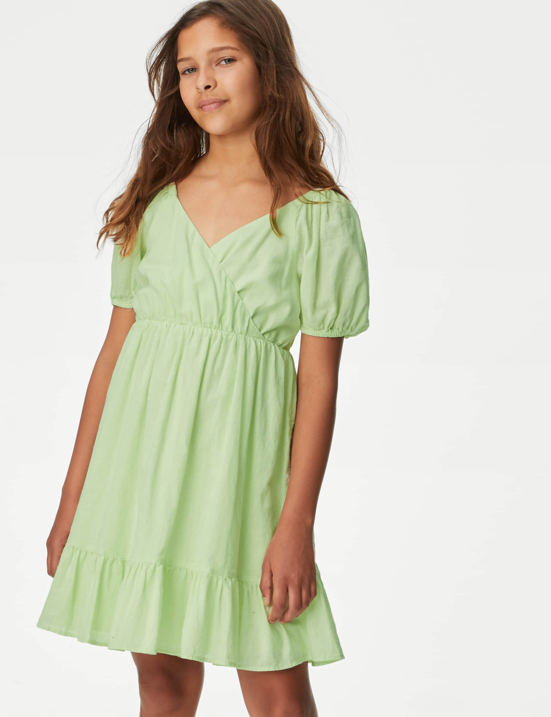 M&S Girls Cotton Rich Wrap Dress (6-16 Yrs) - 8-9 Y - Lime, Blue Mix,Lime