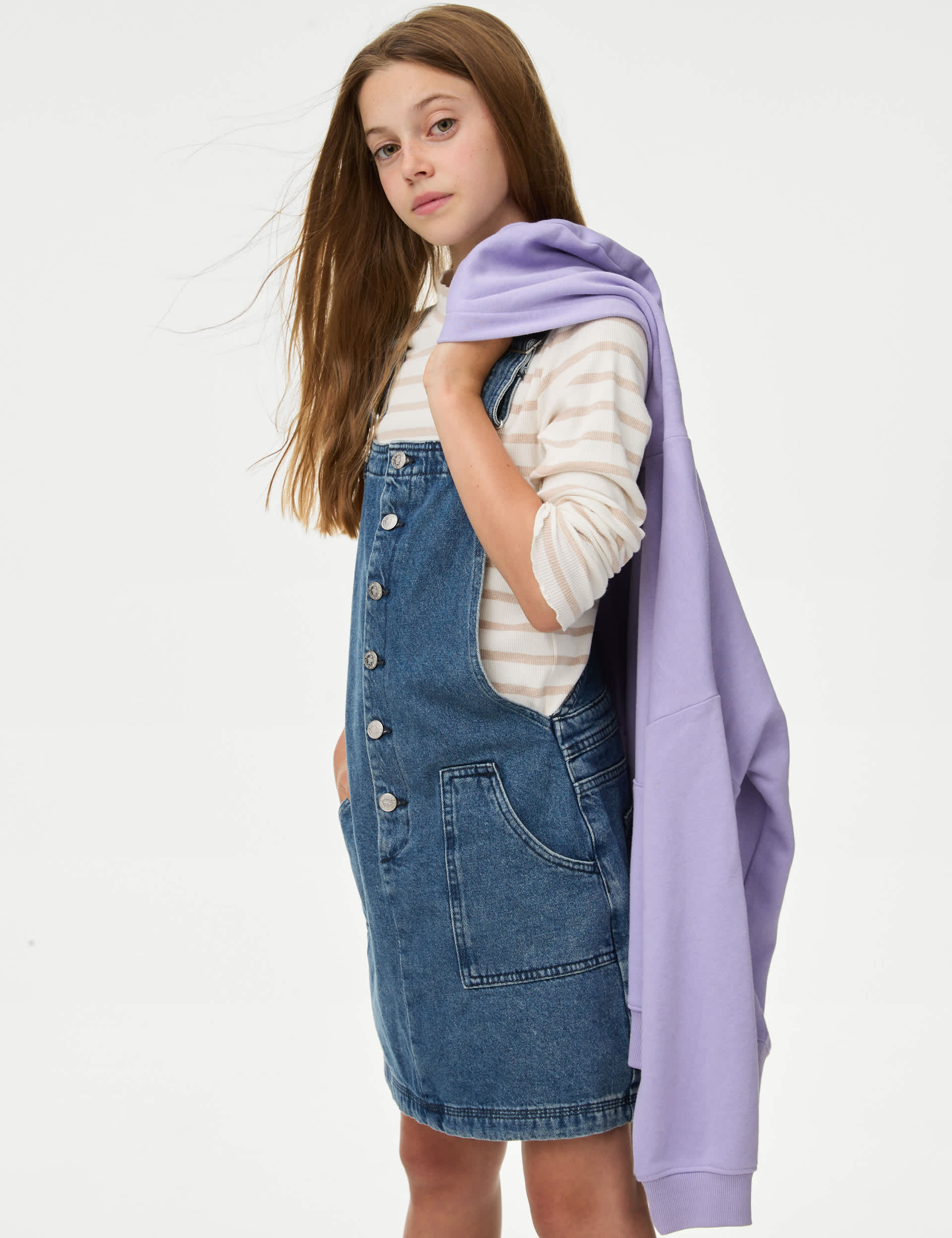 M&S Girls 2pc Cotton Rich Striped Pinafore Outfit (6-16 Yrs)