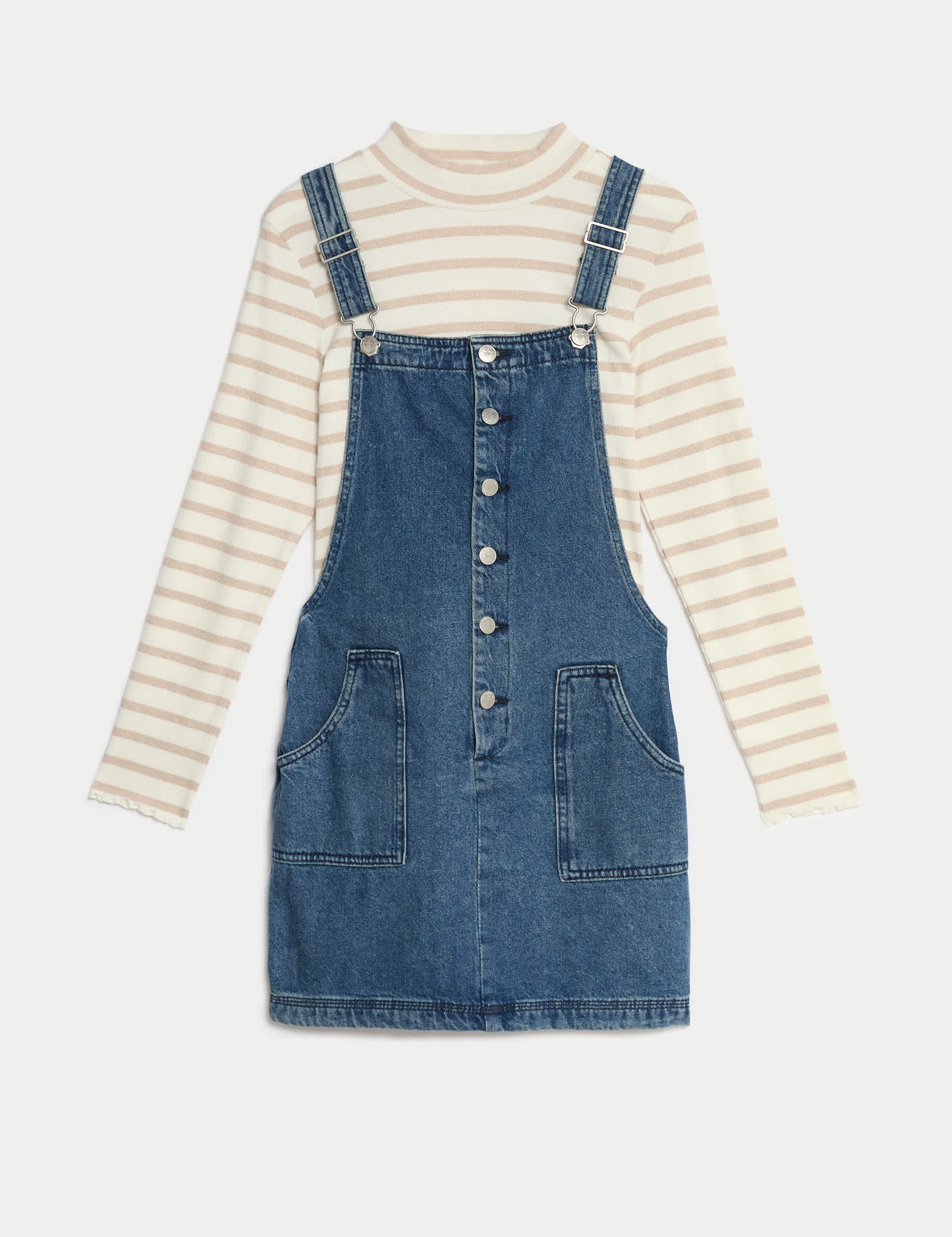 M&S Girls 2pc Cotton Rich Striped Pinafore Outfit (6-16 Yrs) - 15-16 - Denim, Denim