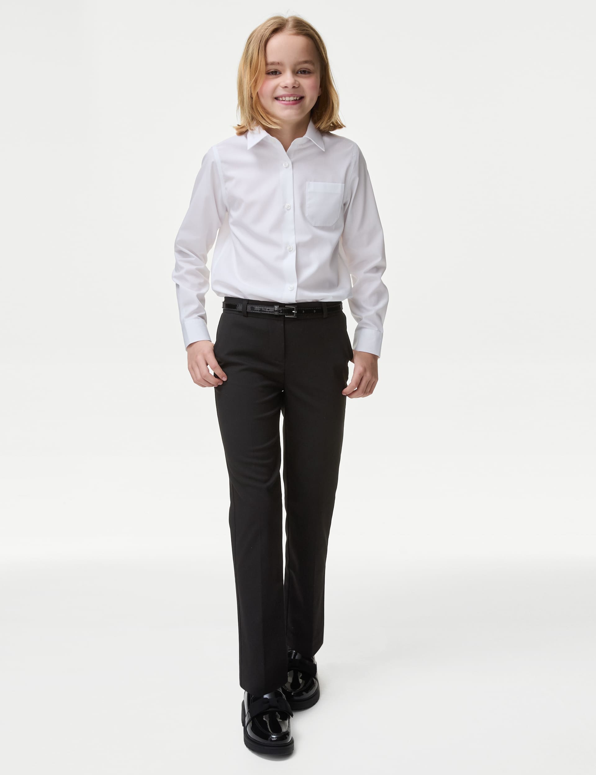 M&S Girls Slim Leg Belted School Trousers (2-18 Yrs) - 14-15 - Black, Black