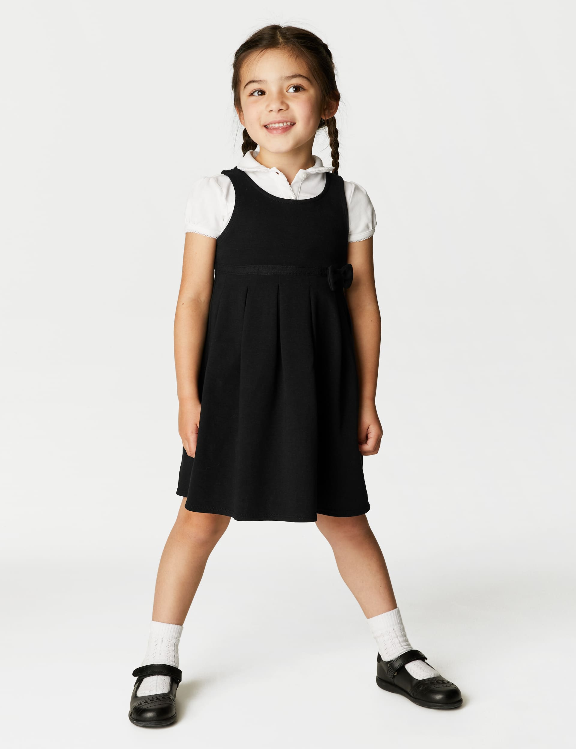 M&S Girls Jersey Bow School Pinafore (2-12 Yrs) - 9-10Y - Black, Grey,Black