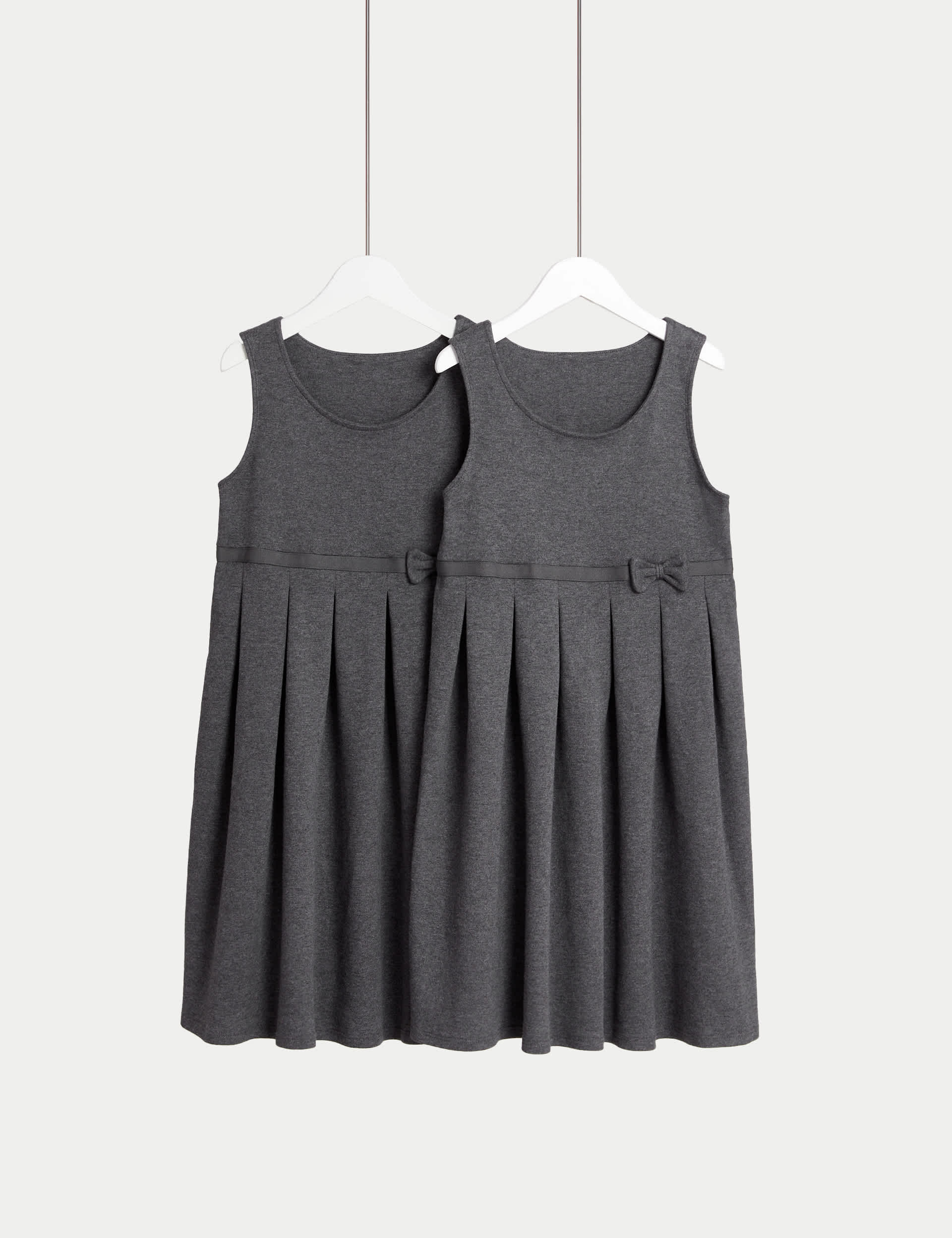 M&S Girls 2-Pack Jersey Bow School Pinafores (2-12 Yrs) - 5-6 Y - Grey, Navy Mix,Grey,Black