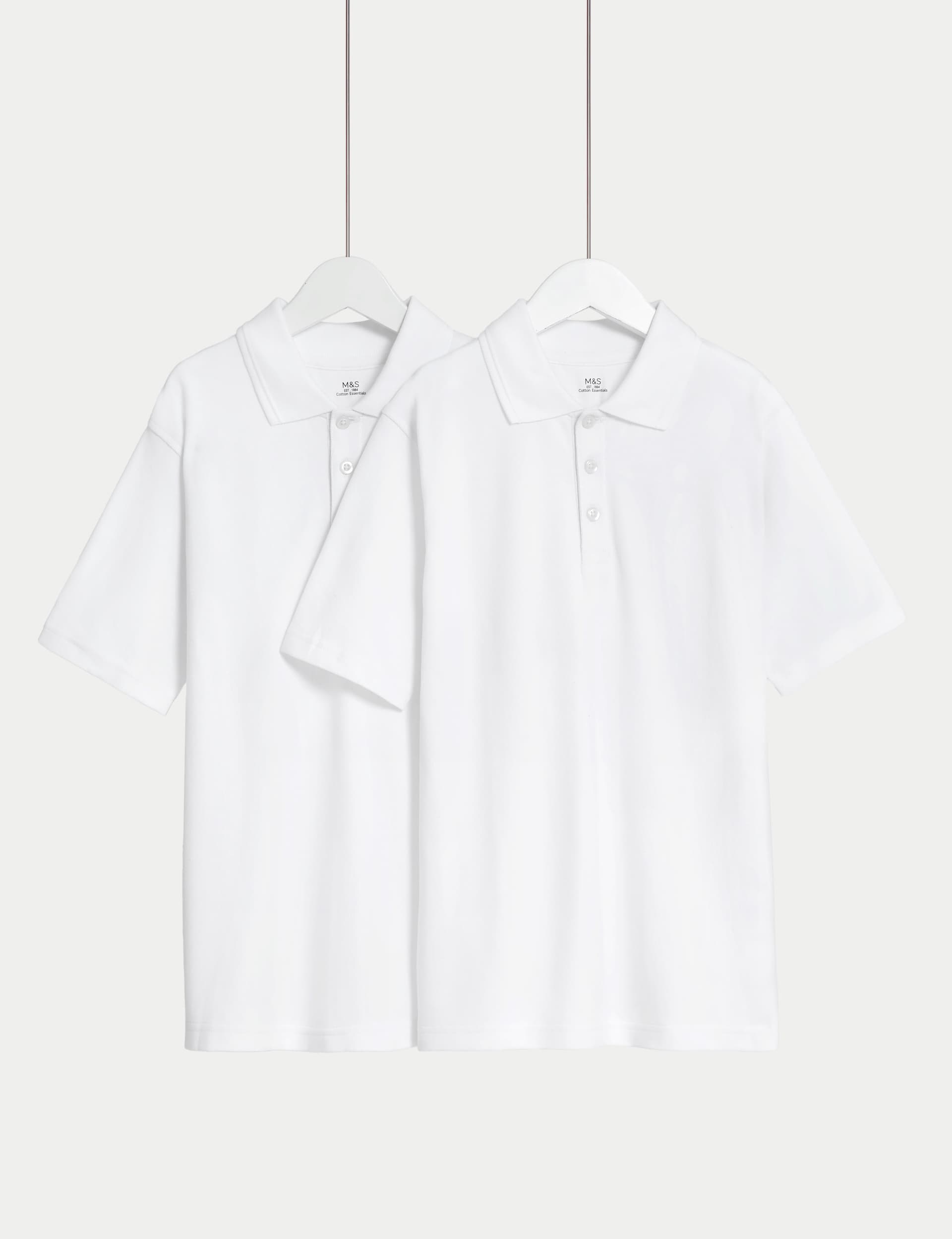 M&S 2pk Unisex Pure Cotton School Polo Shirts (2-18 Yrs) - 5-6 Y - White, White,Pale Blue