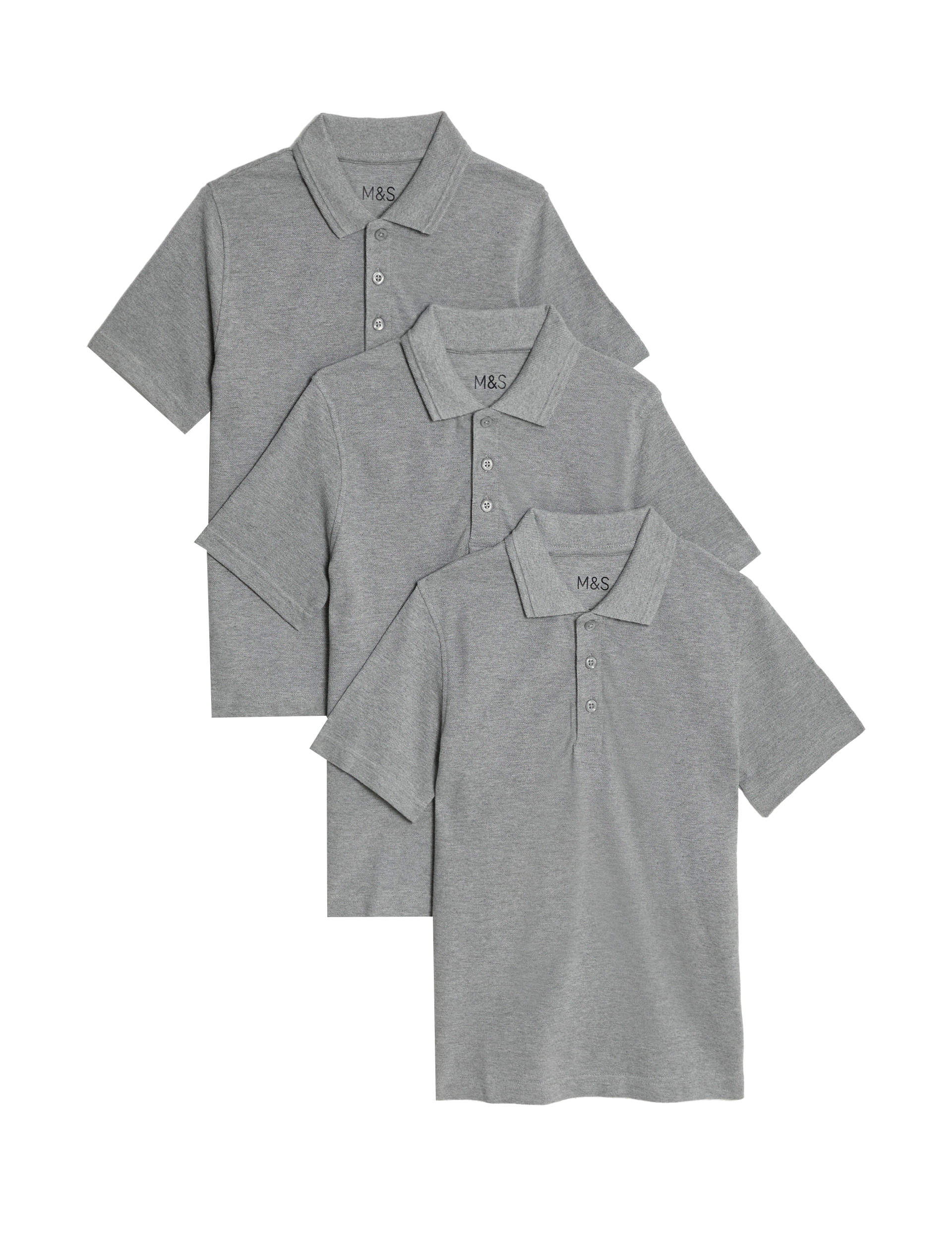 M&S Collection 3pk Unisex Pure Cotton School Polo Shirts (2-16 Yrs) - 14-15 - Grey, Grey