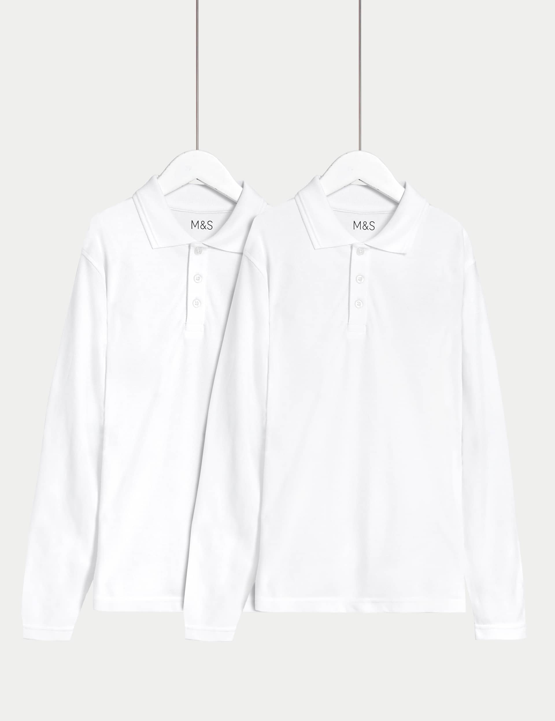 M&S 2pk Unisex Pure Cotton Stain Resist School Polo Shirts (2-18 Yrs) - 11-12 - White, White