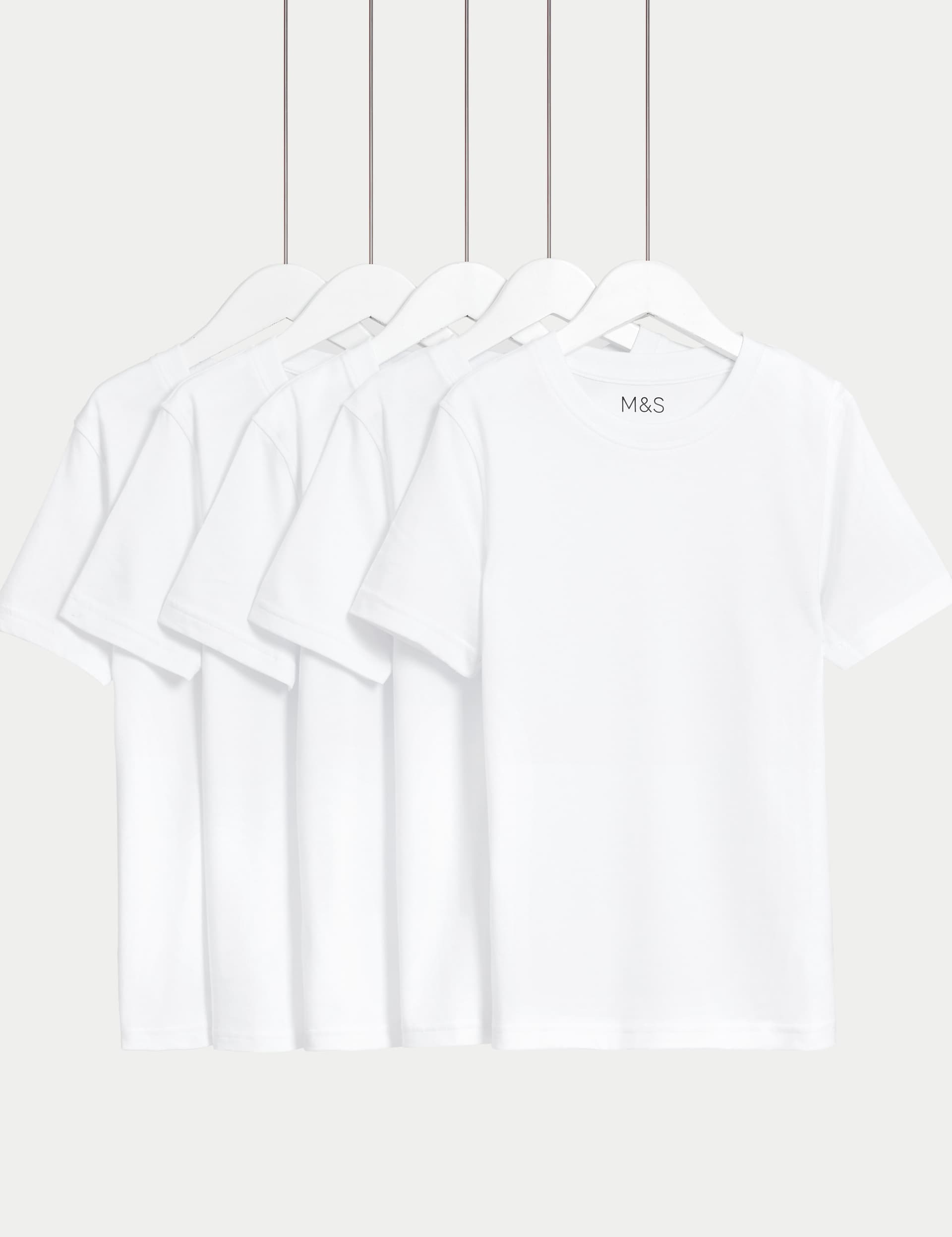 M&S 5pk Pure Cotton Stain Resist School T-Shirts (2-16 Yrs) - 11-12 - White, White