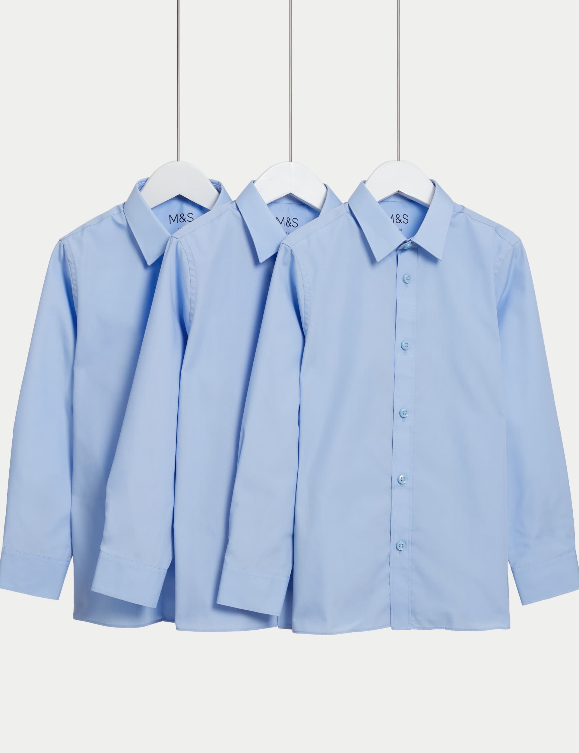 M&S 3pk Boys Easy Iron School Shirts (2-16 Yrs) - 8-9 Y - Blue, Grey,Blue,White