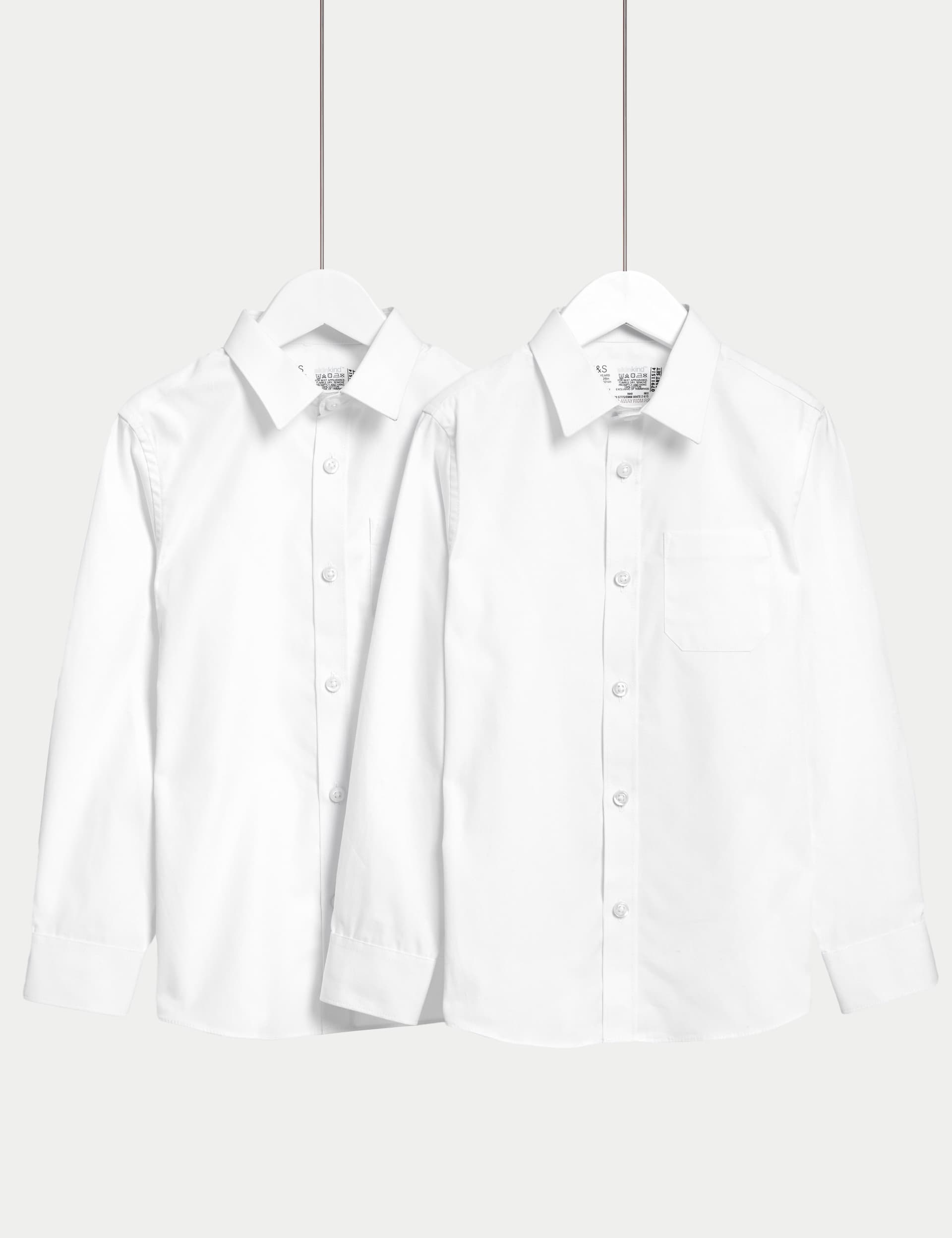 M&S 2pk Boys Regular Fit Cotton School Shirts (2-18 Yrs) - 13-14 - White, White