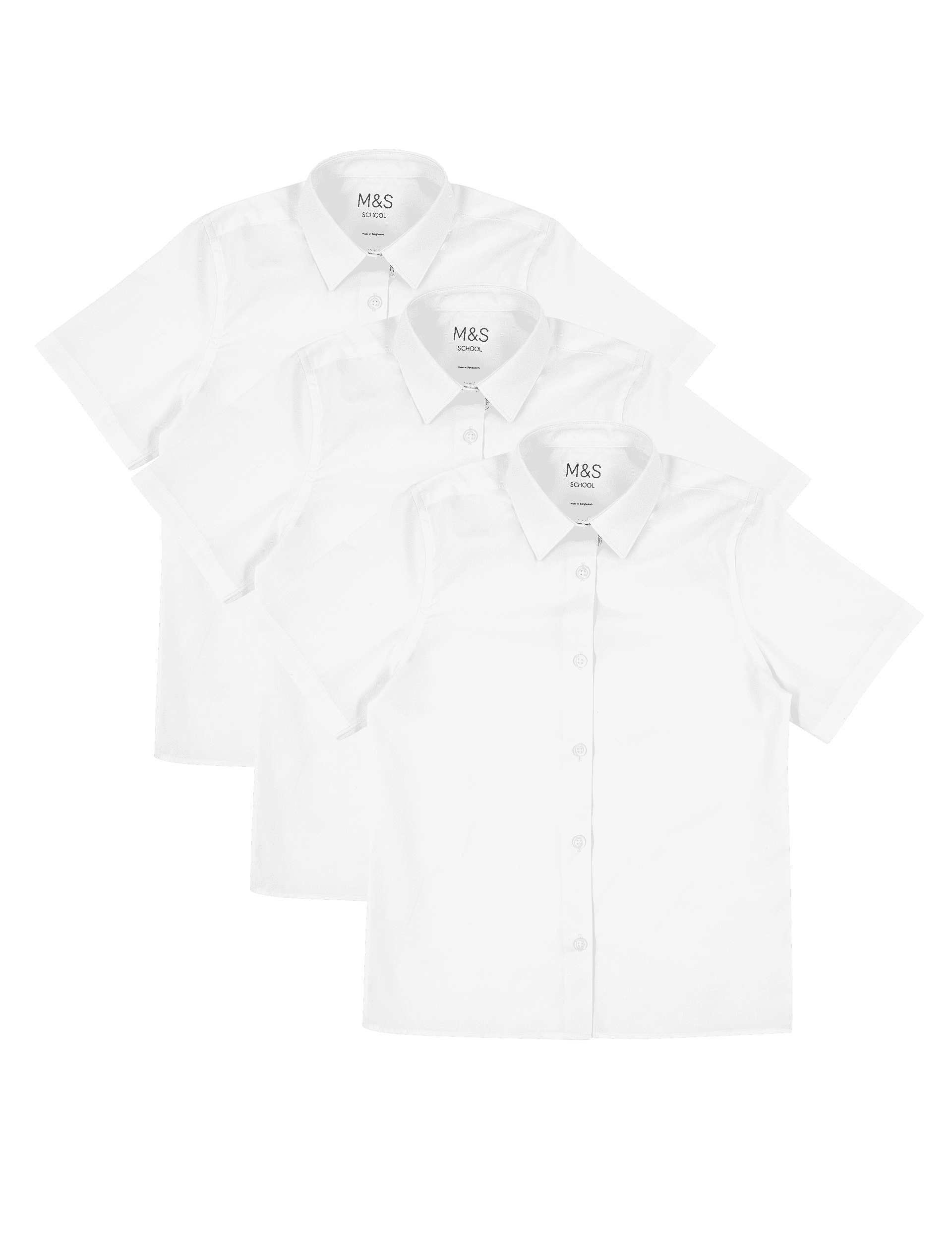 M&S Collection Girls 3pk Girls Longer Length Easy Iron School Shirts (4-18 Yrs) - 14-15LNG - White, 