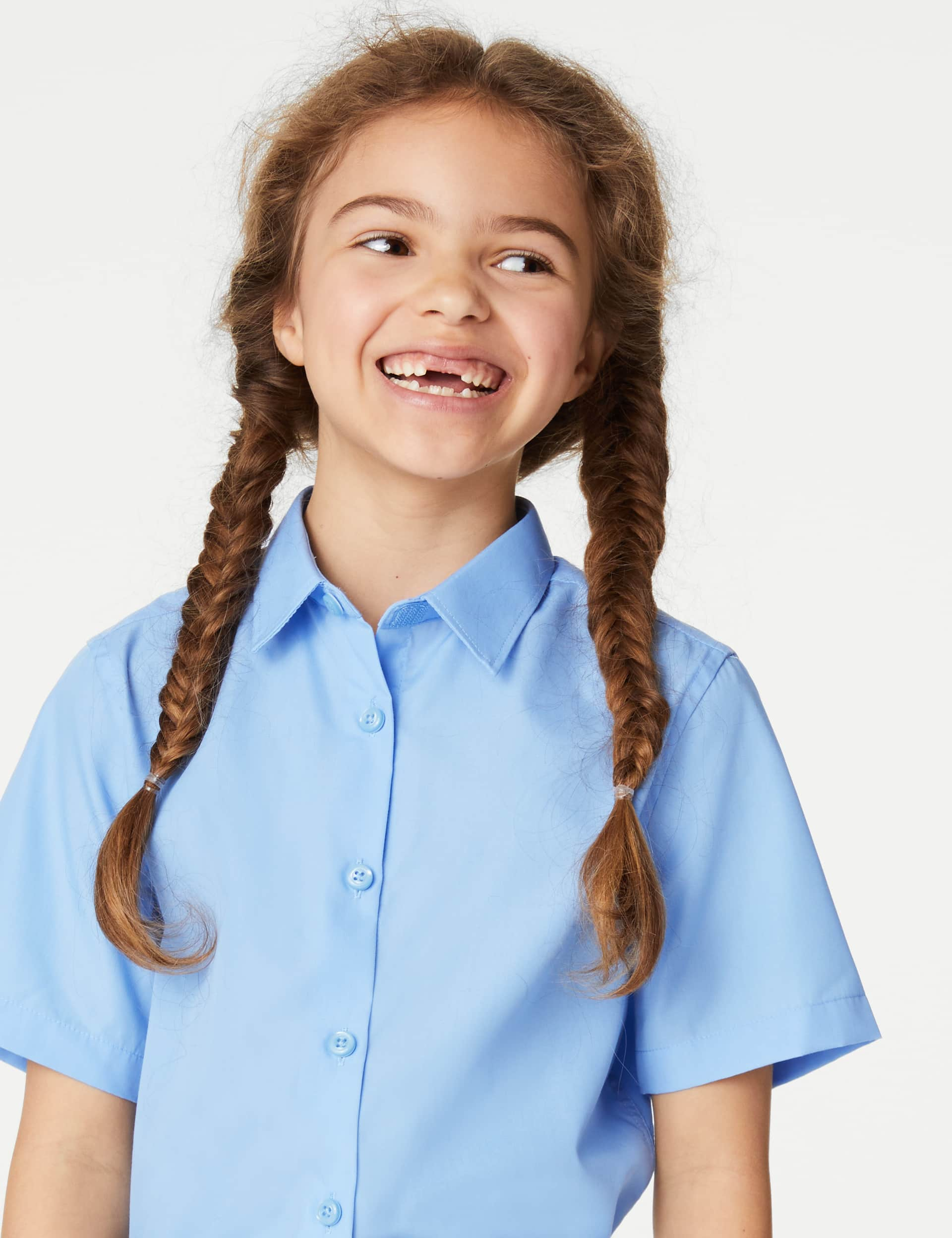 M&S Girls 3-Pack Easy Iron School Shirts (2-16 Yrs) - 14-15 - Blue, Blue,White