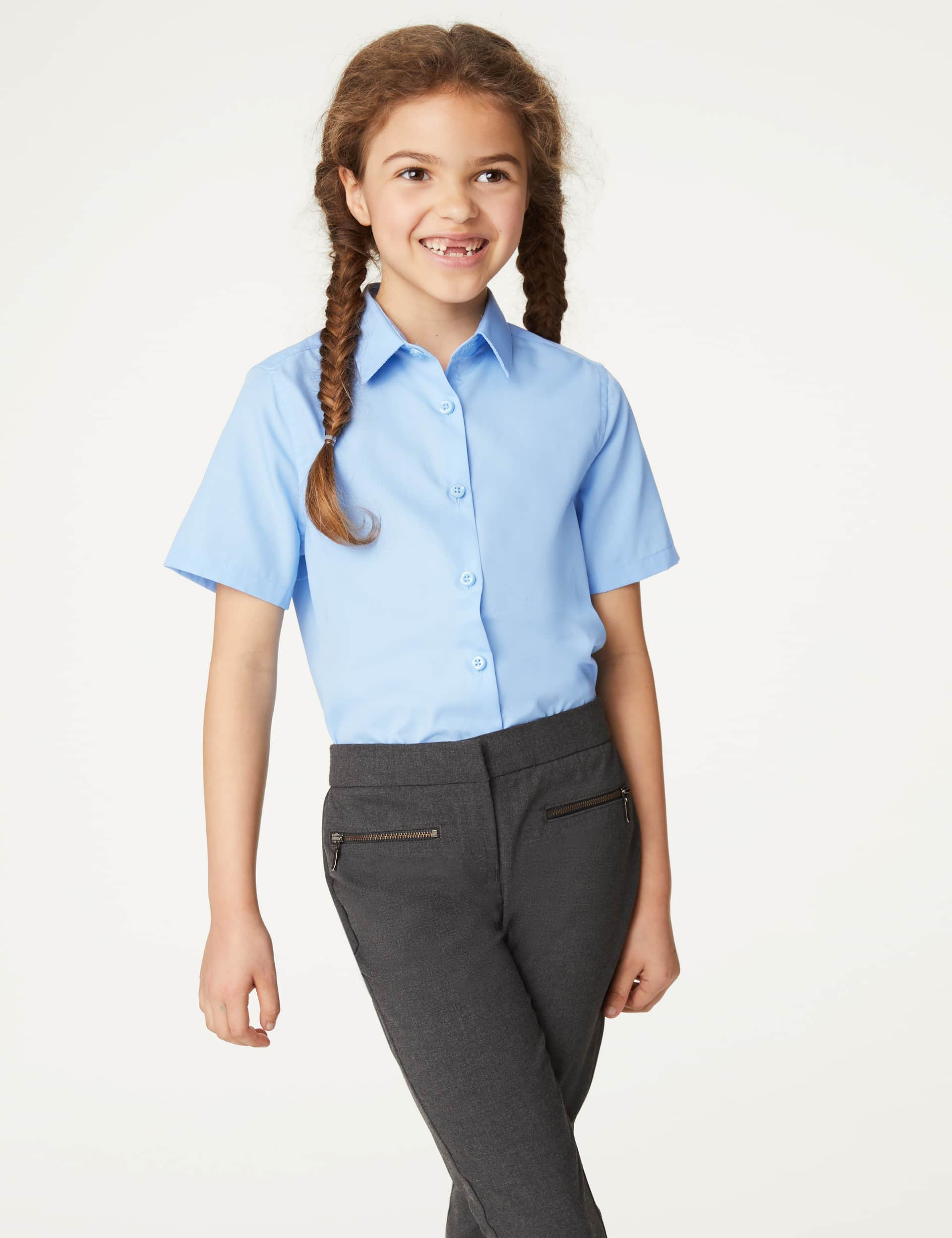 M&S Girls 3-Pack Slim Fit Easy Iron School Shirts (2-16 Yrs) - 13-14 - Blue, Blue,White