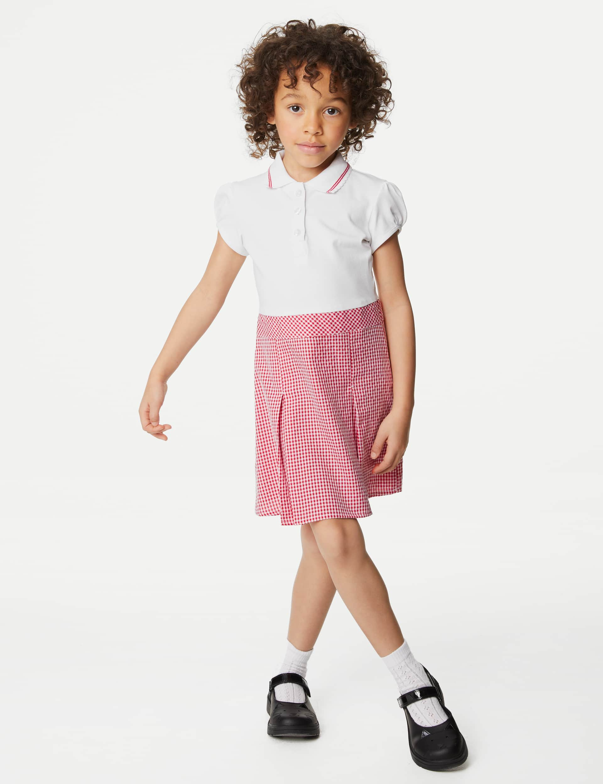 M&S Girls 2 in 1 Gingham Pleated School Dress (2-14 Yrs) - 6-7 Y - Red, Red,Light Blue