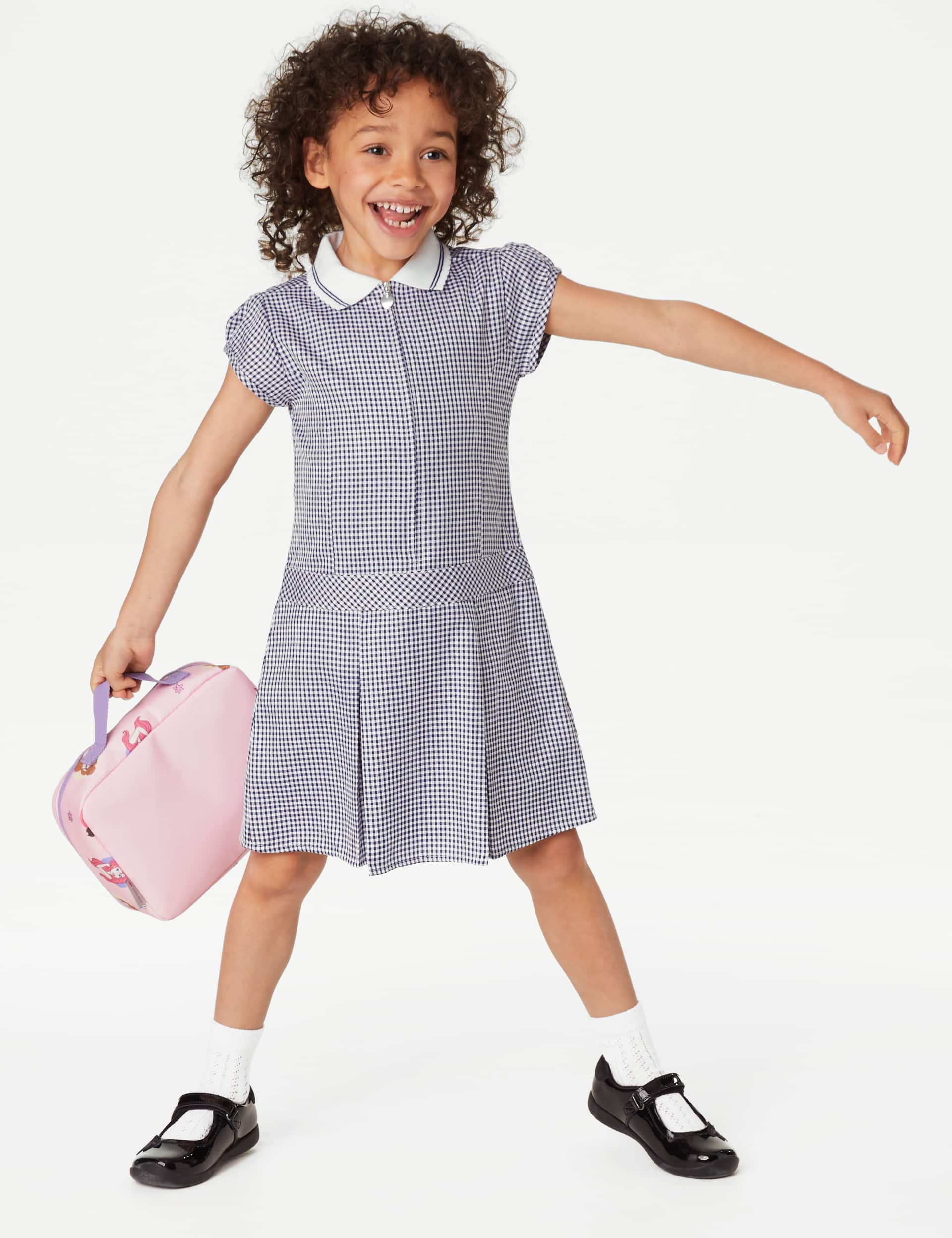 M&S Girls Gingham Pleated School Dress (2-14 Yrs) - 4-5 Y - Navy, Light Blue,Pink,Yellow,Lilac,Green