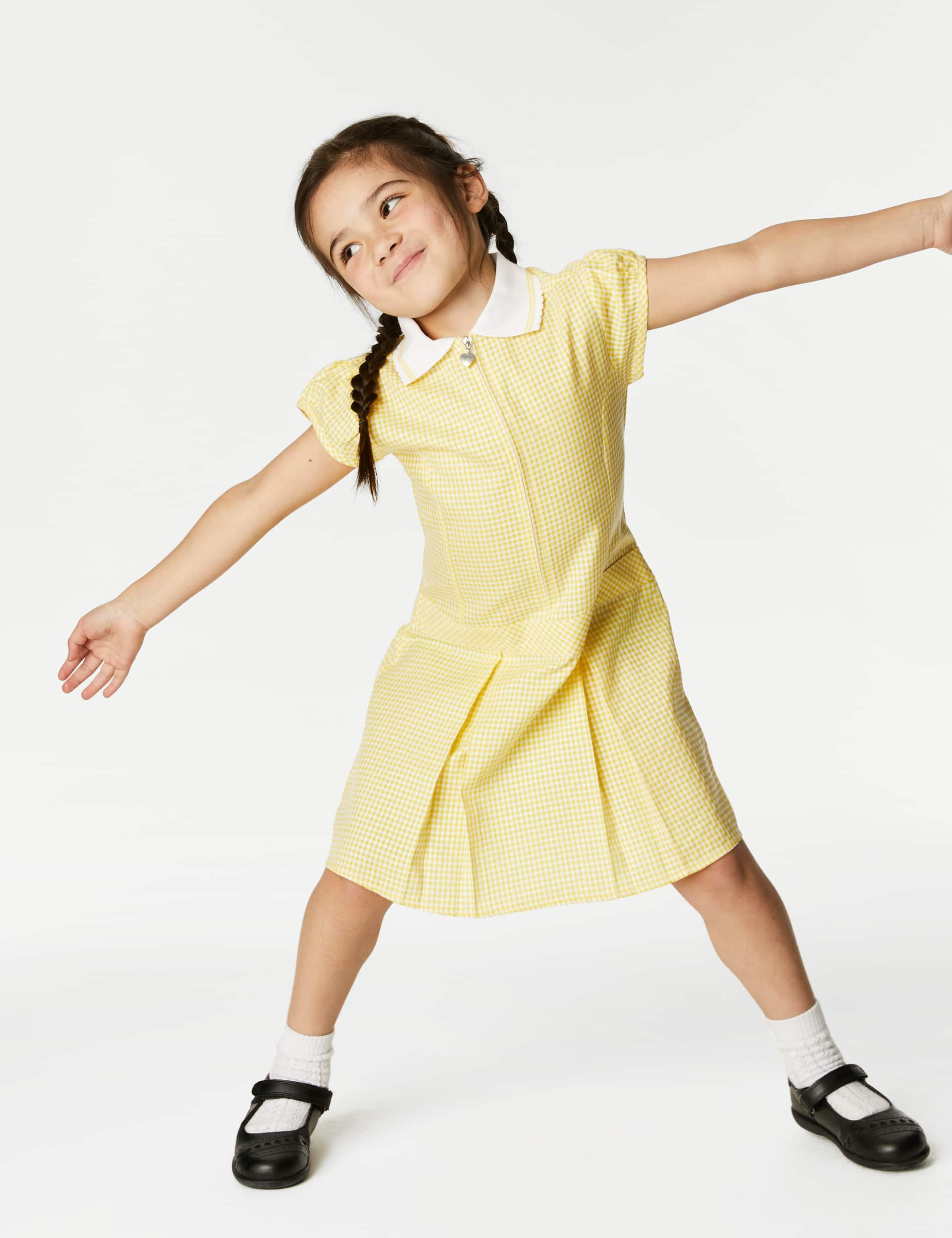 M&S Girls Gingham Pleated School Dress (2-14 Yrs) - 12-13 - Yellow, Green,Light Blue,Mid Blue,Pink,Y