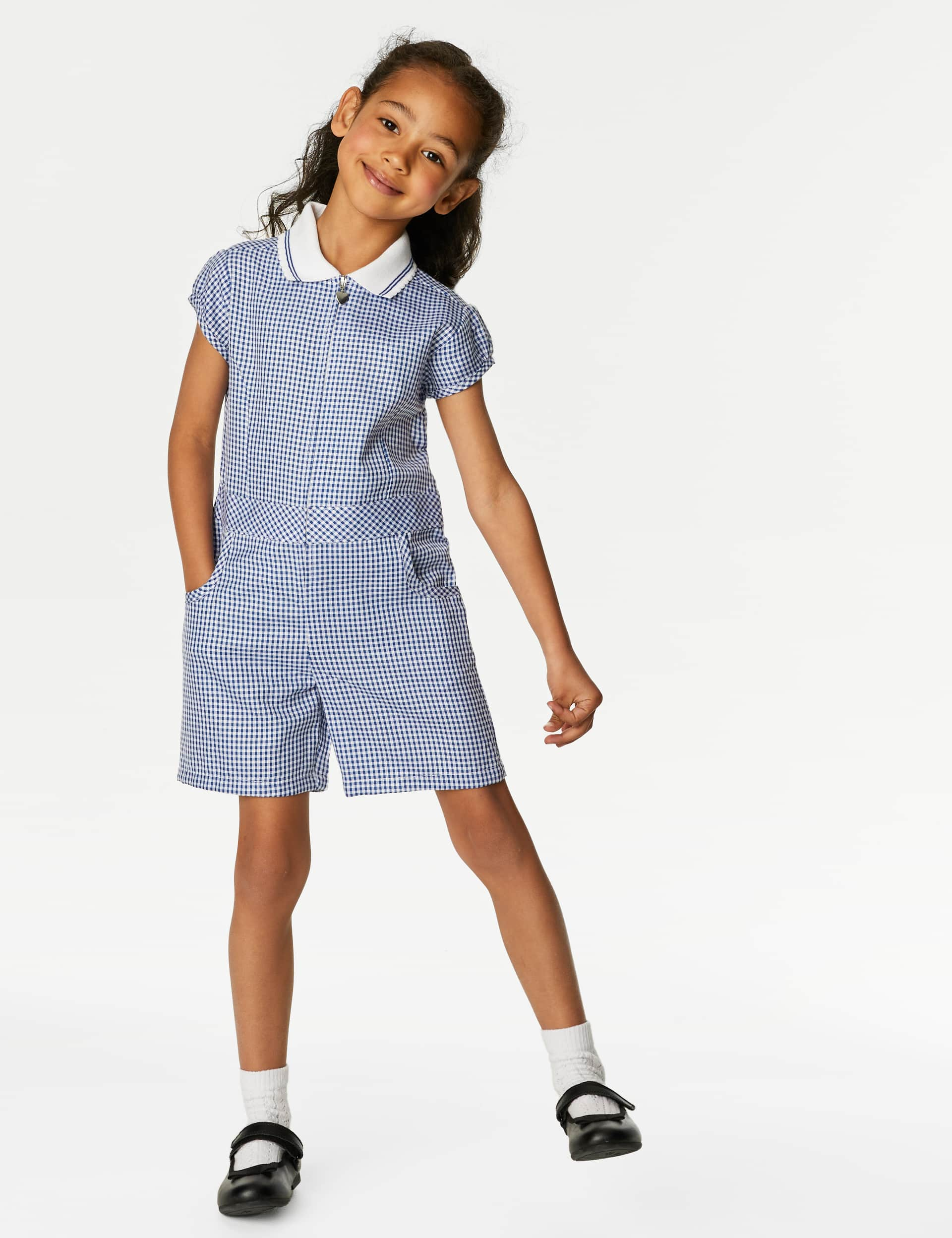 M&S Girls Gingham School Playsuit (2-14 Yrs) - 6-7 Y - Mid Blue, Mid Blue