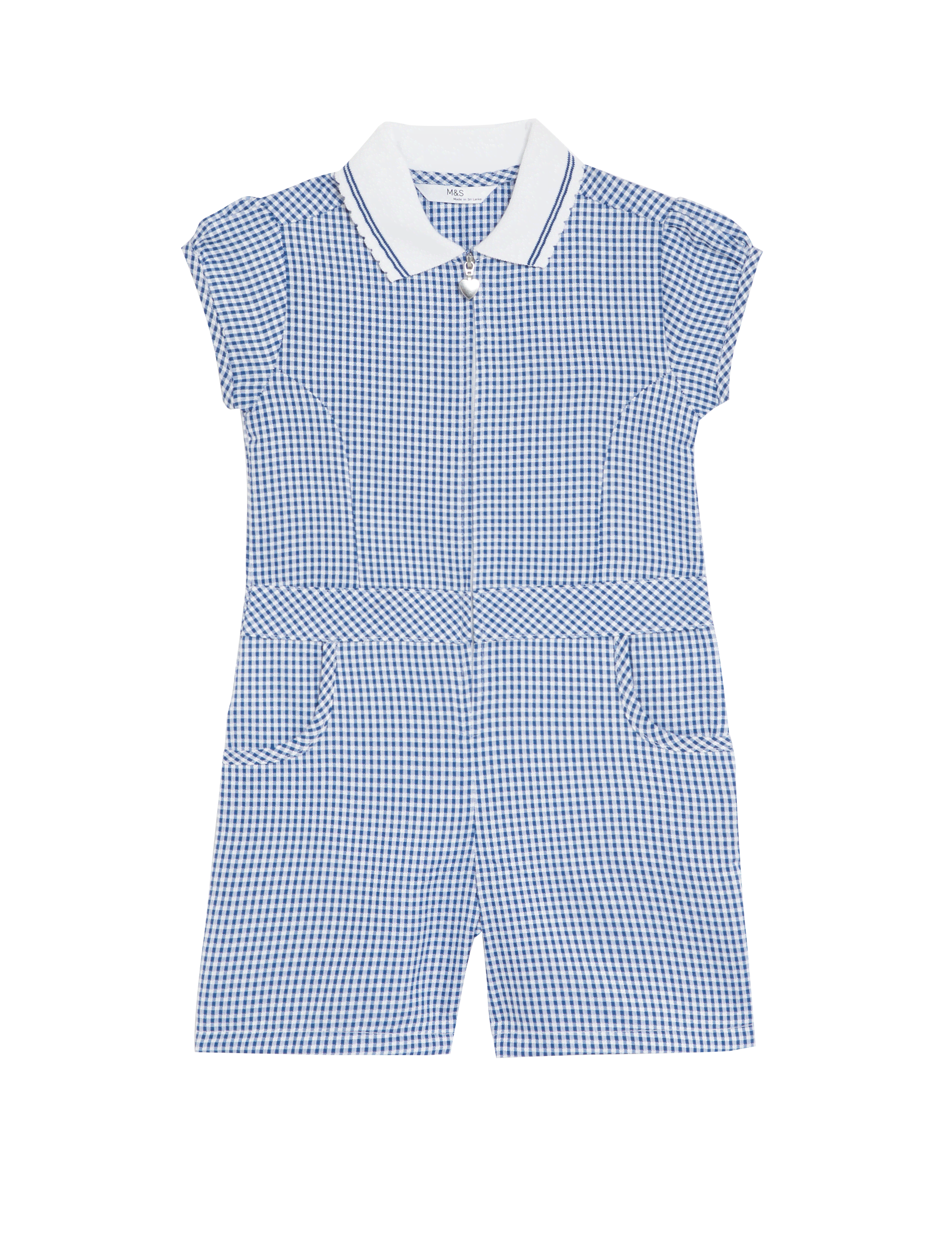 M&S Collection Girls Gingham School Playsuit (2-14 Yrs) - 6-7 Y - Mid Blue, Mid Blue,Red,Green,Yello