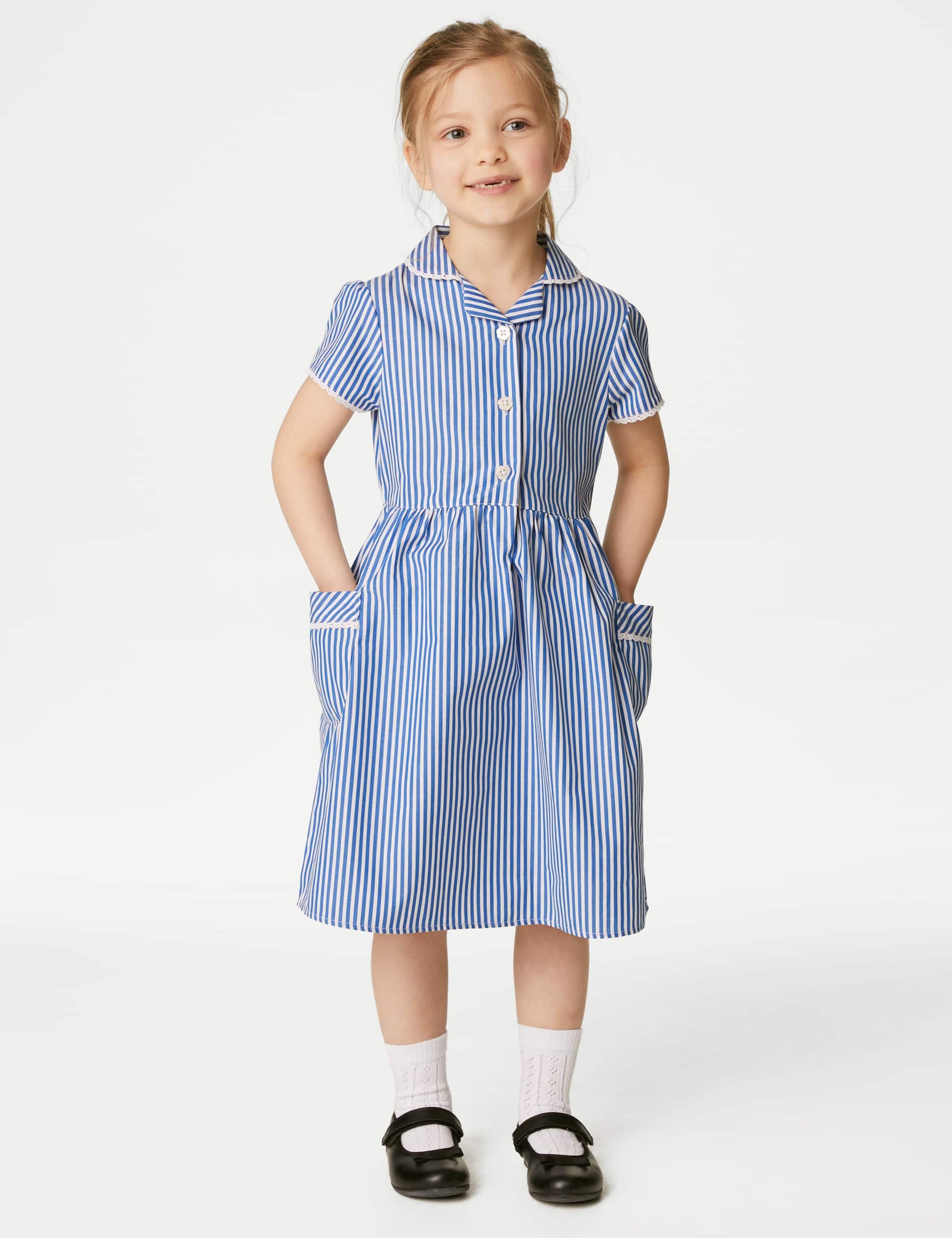 M&S Girls Pure Cotton Striped School Dress (2-14 Yrs) - 5-6 Y - Mid Blue, Mid Blue,Yellow,Red,Green,