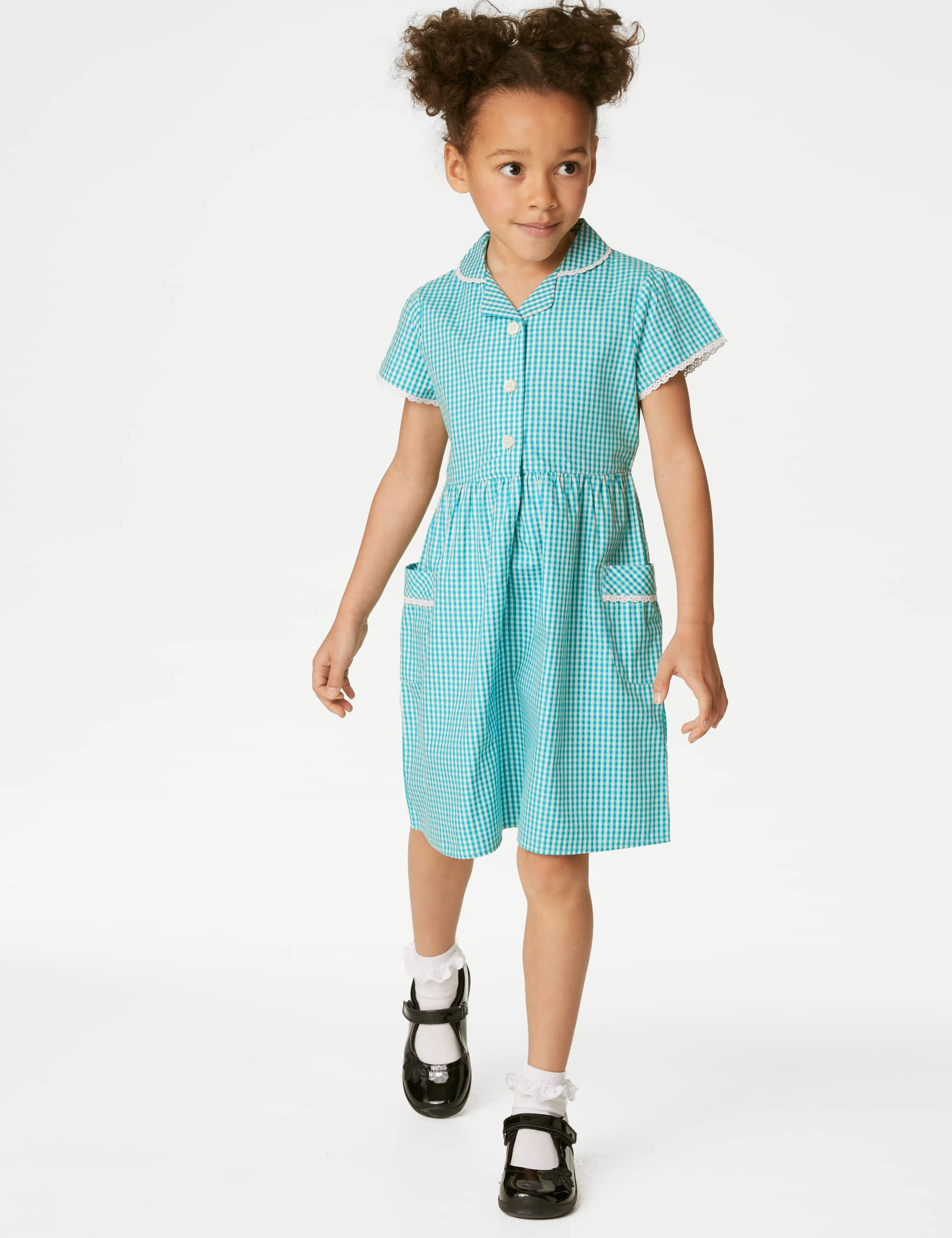 M&S Girls Pure Cotton Gingham School Dress (2-14 Yrs) - 5-6 Y - Green, Mid Blue,Yellow,Red,Green,Nav