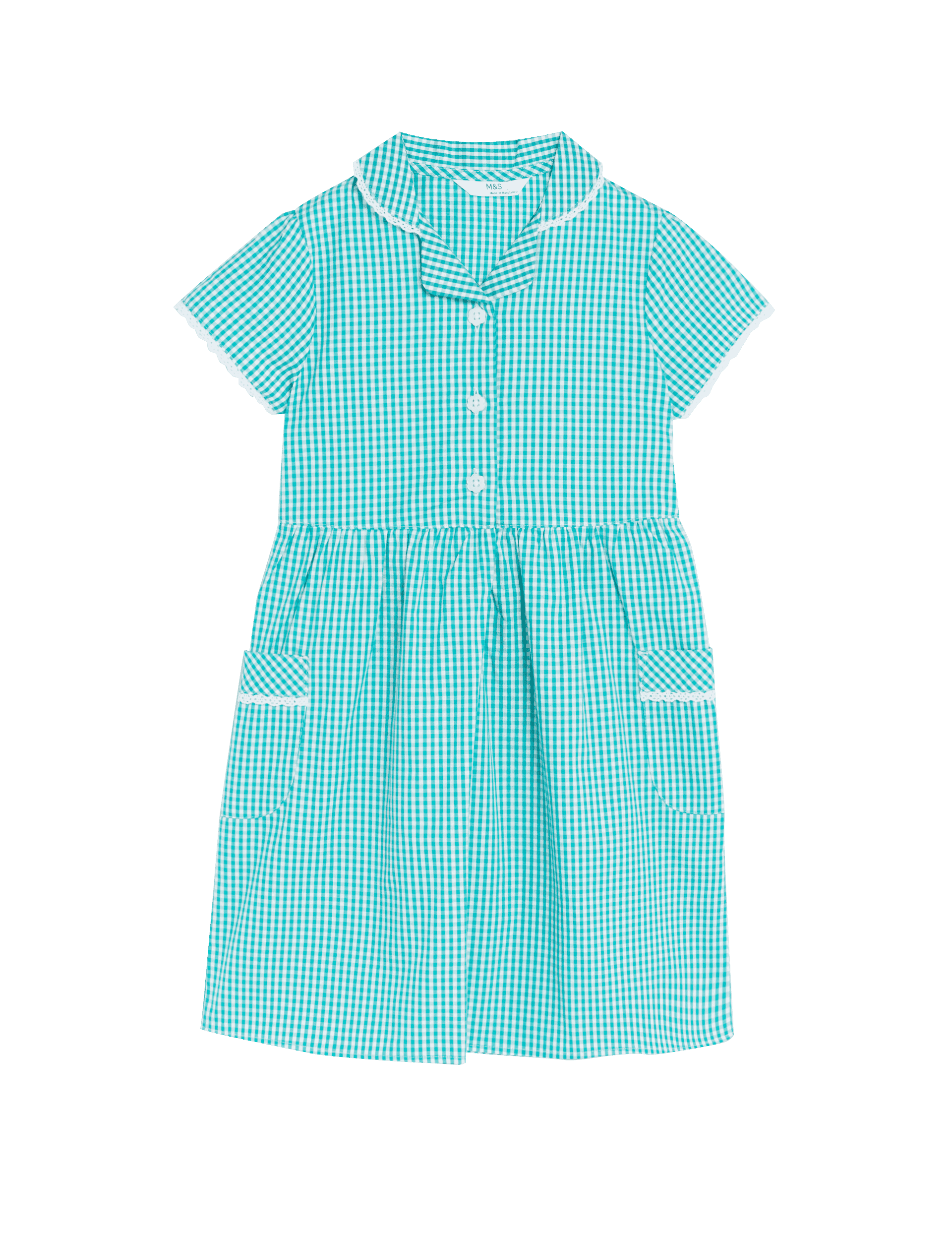 M&S Collection Girls Pure Cotton Gingham School Dress (2-14 Yrs) - 5-6 Y - Green, Mid Blue,Yellow,Gr