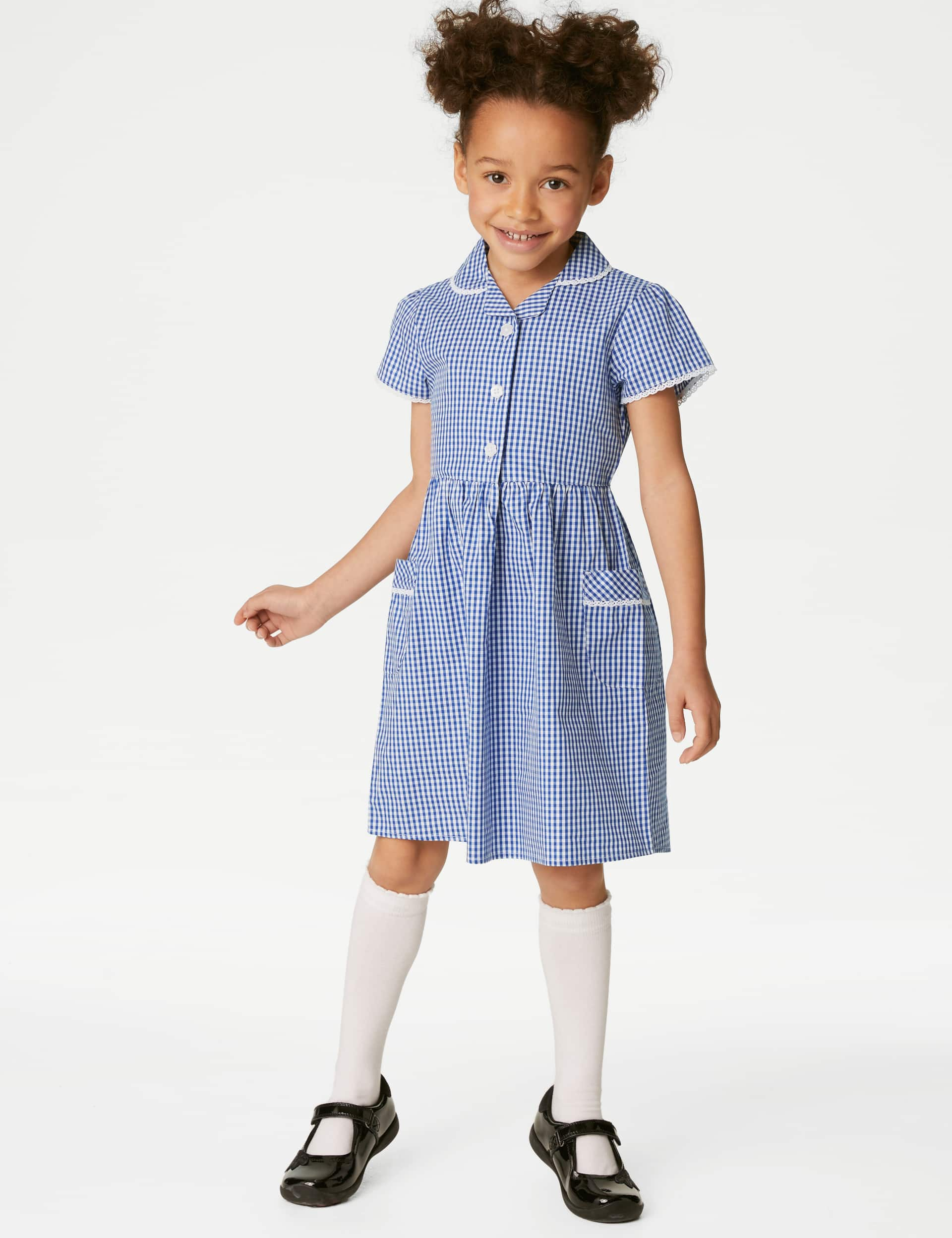 M&S Girls Pure Cotton Gingham School Dress (2-14 Yrs) - 6-7 Y - Mid Blue, Mid Blue,Yellow,Green,Navy