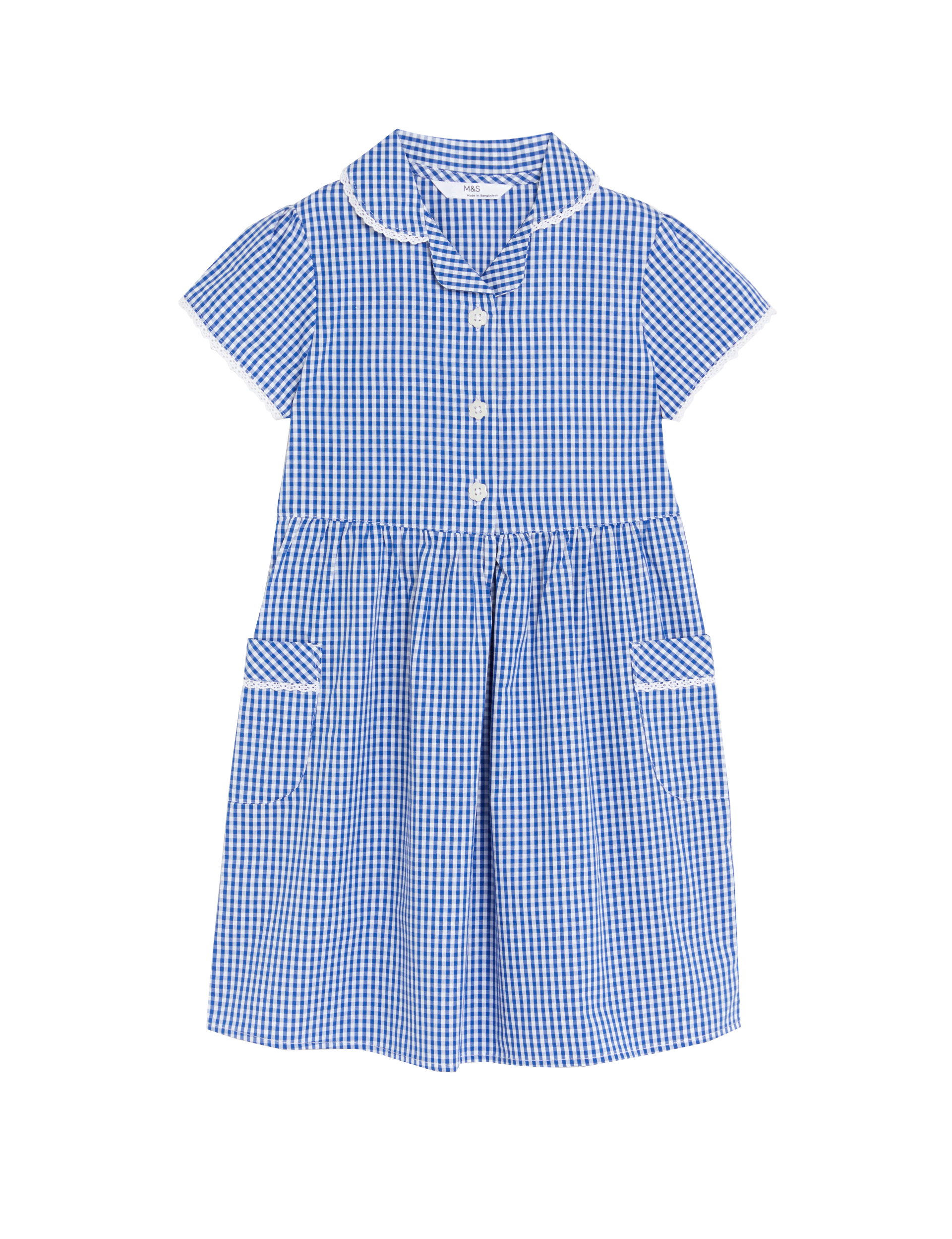 M&S Collection Girls Pure Cotton Gingham School Dress (2-14 Yrs) - 6-7 Y - Mid Blue, Mid Blue,Yellow