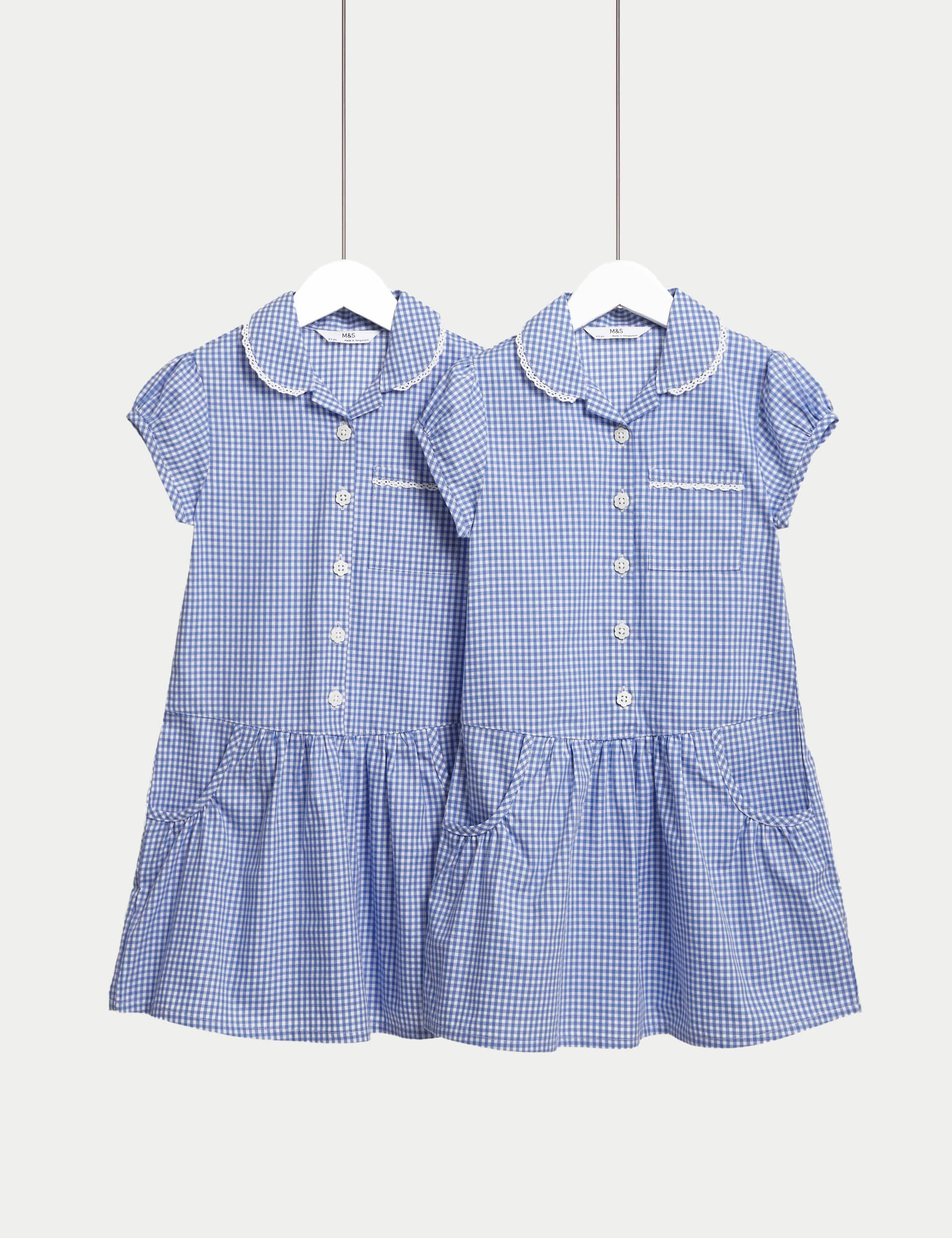 M&S Girls 2-Pack Cotton Plus Fit School Dresses (4-14 Yrs) - 13-14 - Mid Blue, Red,Mid Blue