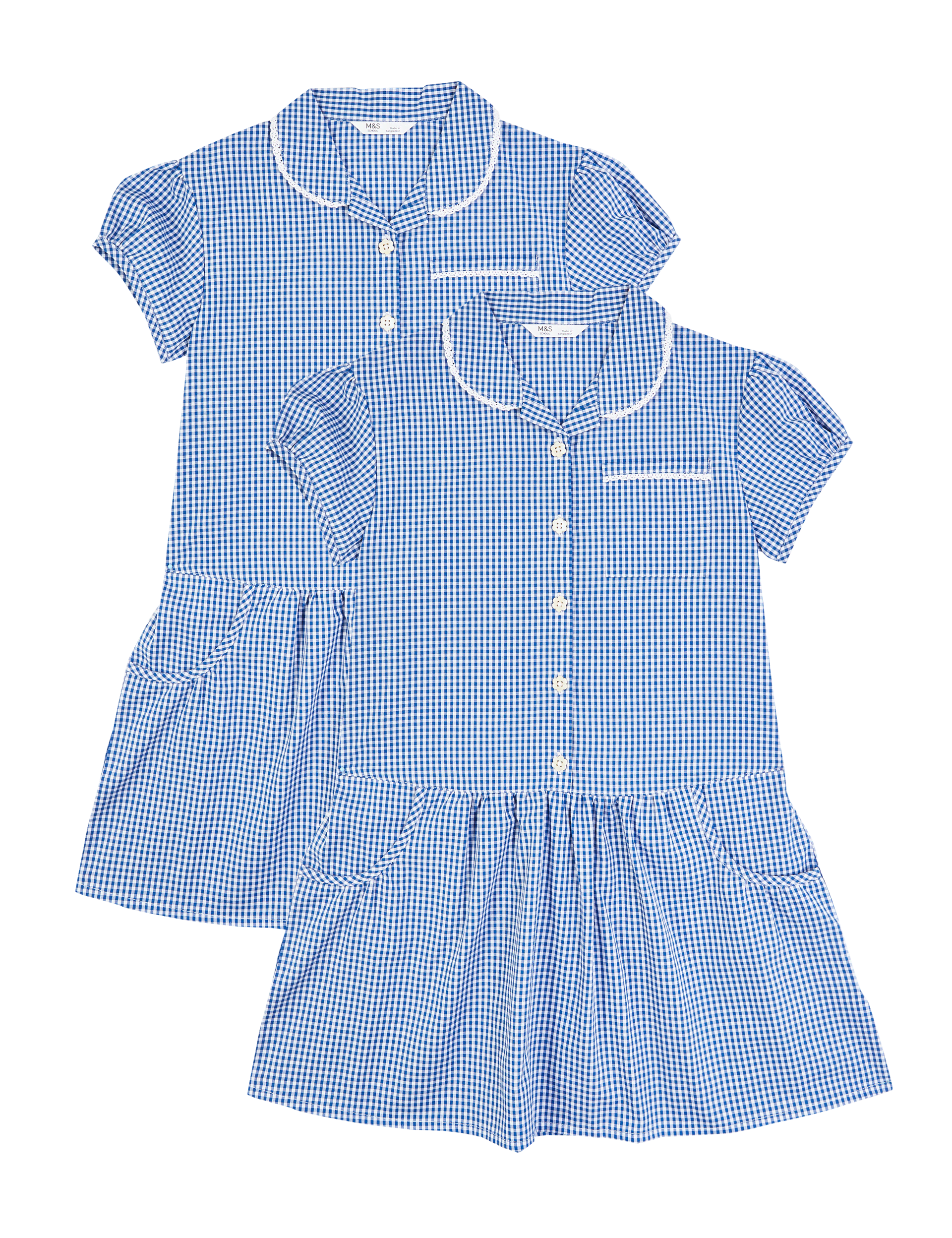 M&S Collection Girls 2 Pack Girls Cotton Plus Fit School Dresses (4-14 Yrs) - 6-7 Y - Mid Blue, Mid 