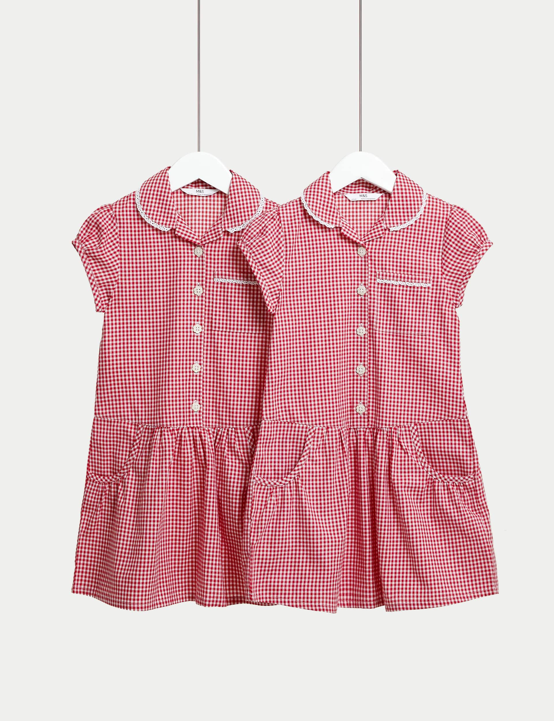 M&S Girls 2-Pack Cotton Rich Gingham School Dresses (2-14 Yrs) - 10-11 - Red, Mid Blue,Pink,Navy,Yel