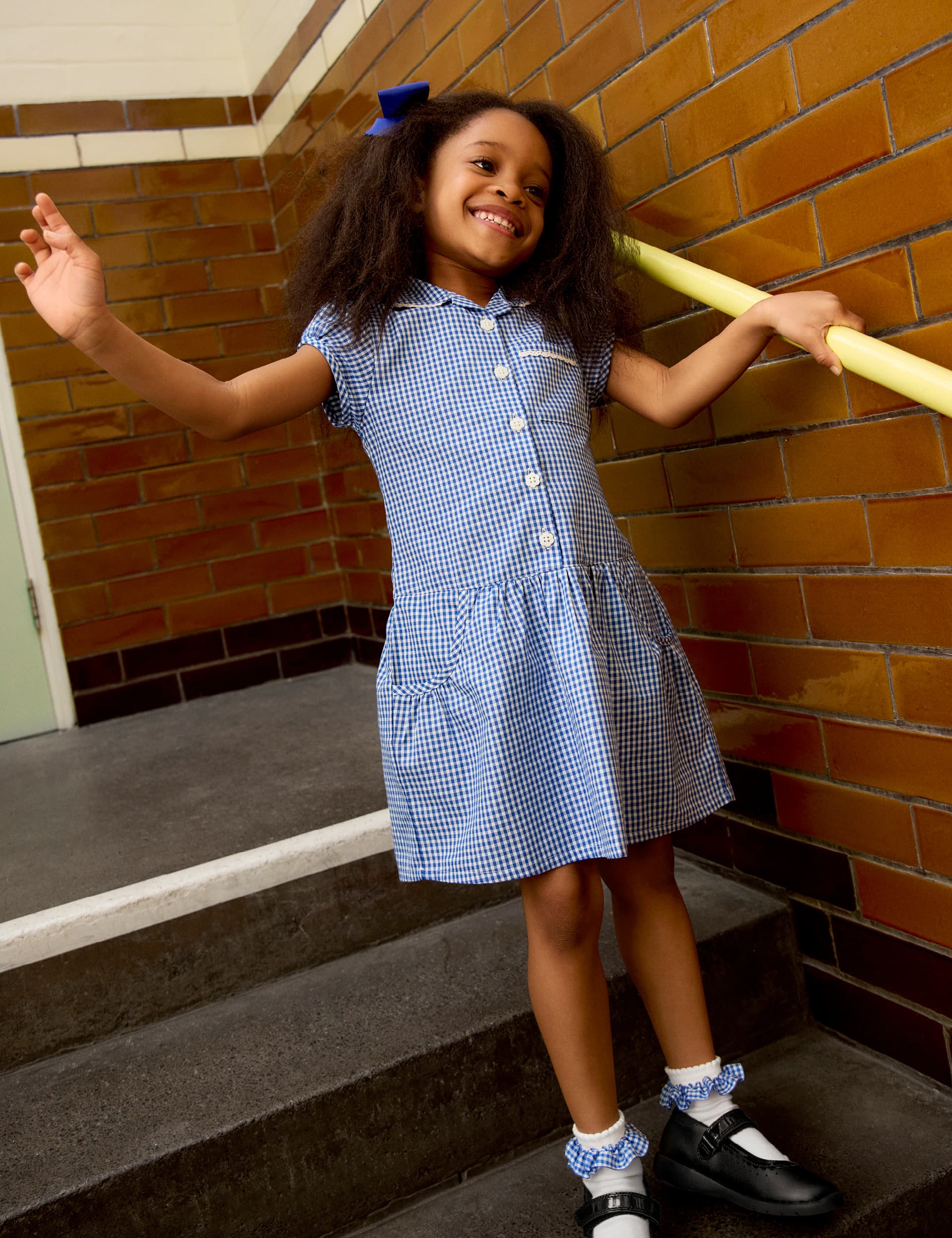 M&S Girls 2-Pack Cotton Rich Gingham School Dresses (2-14 Yrs) - 5-6 Y - Mid Blue, Navy,Light Blue,M