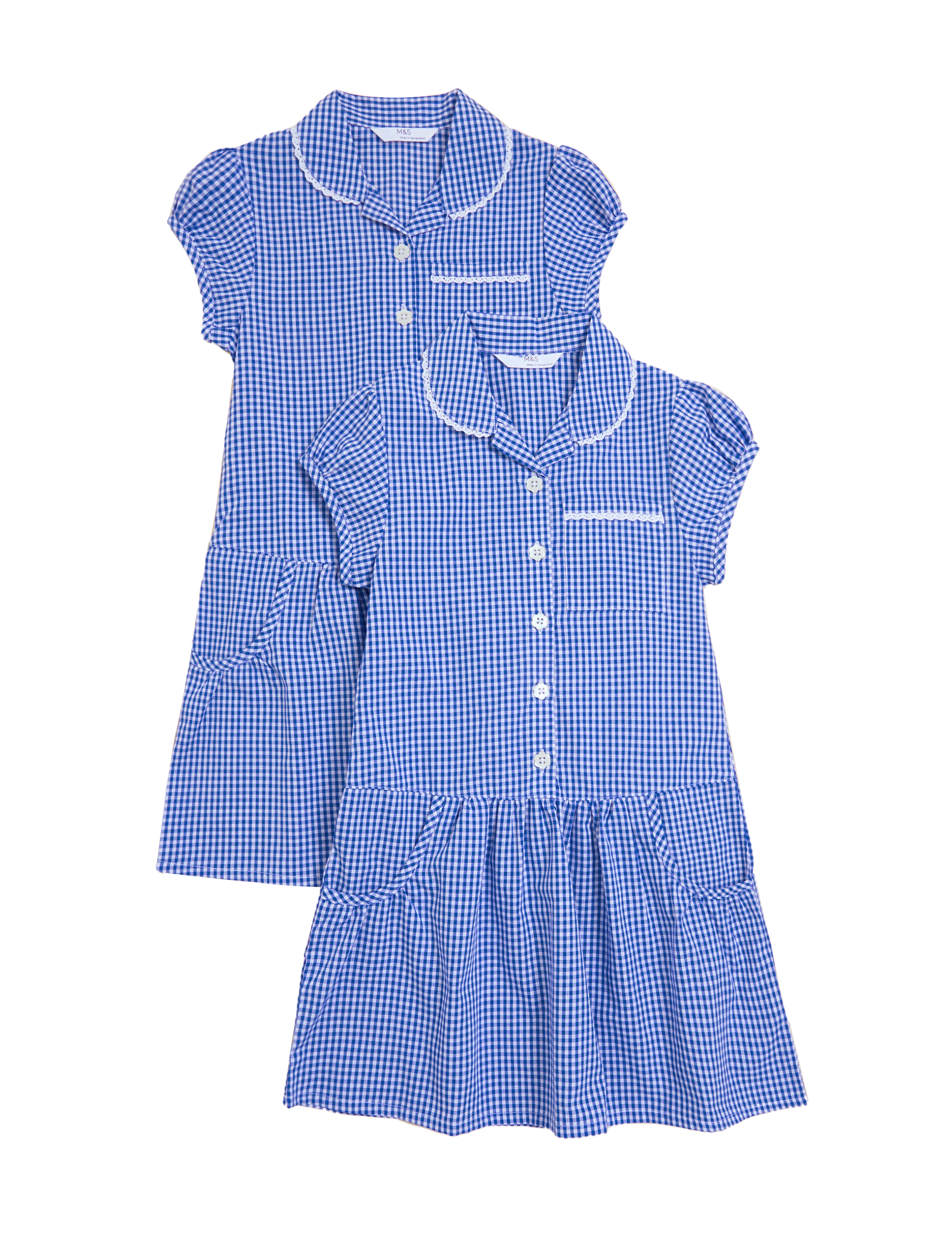 M&S Collection Girls 2 Pack Girls Cotton Rich Gingham School Dresses (2-14 Yrs) - 6-7 Y - Mid Blue, 